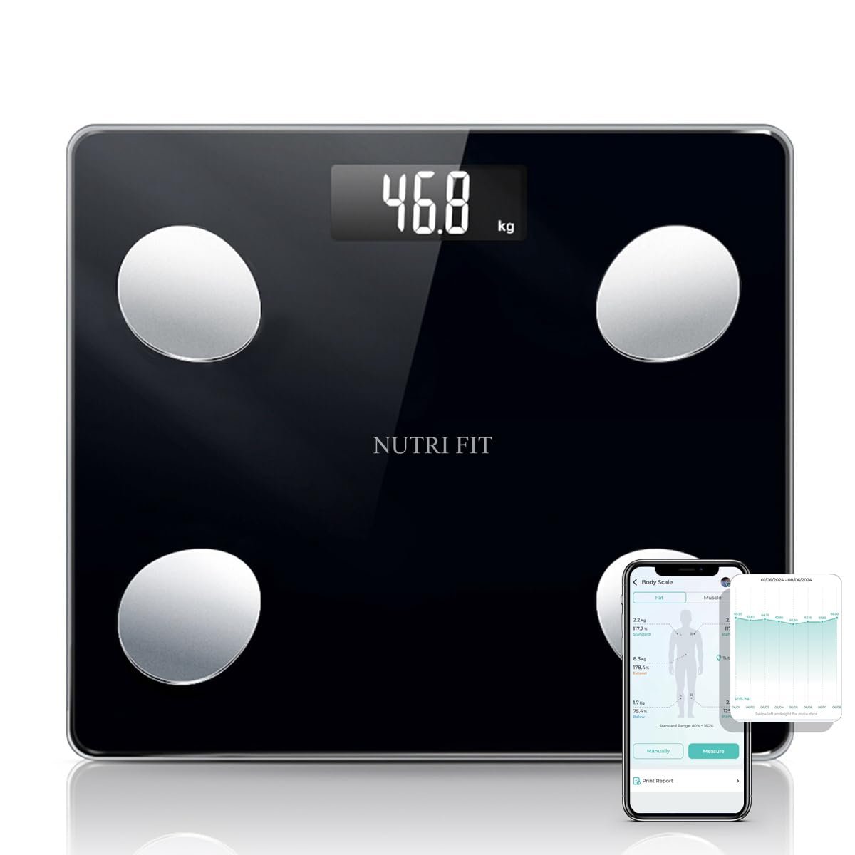 NUTRI FIT Scale for Body Weight Digital Bathroom Smart Scale with Bluetooth for BMI, Body Fat, Muscle Mass, 20 Body Composition Analyzer Health Monitor Sync Apps 330lbs, Batteries Included
