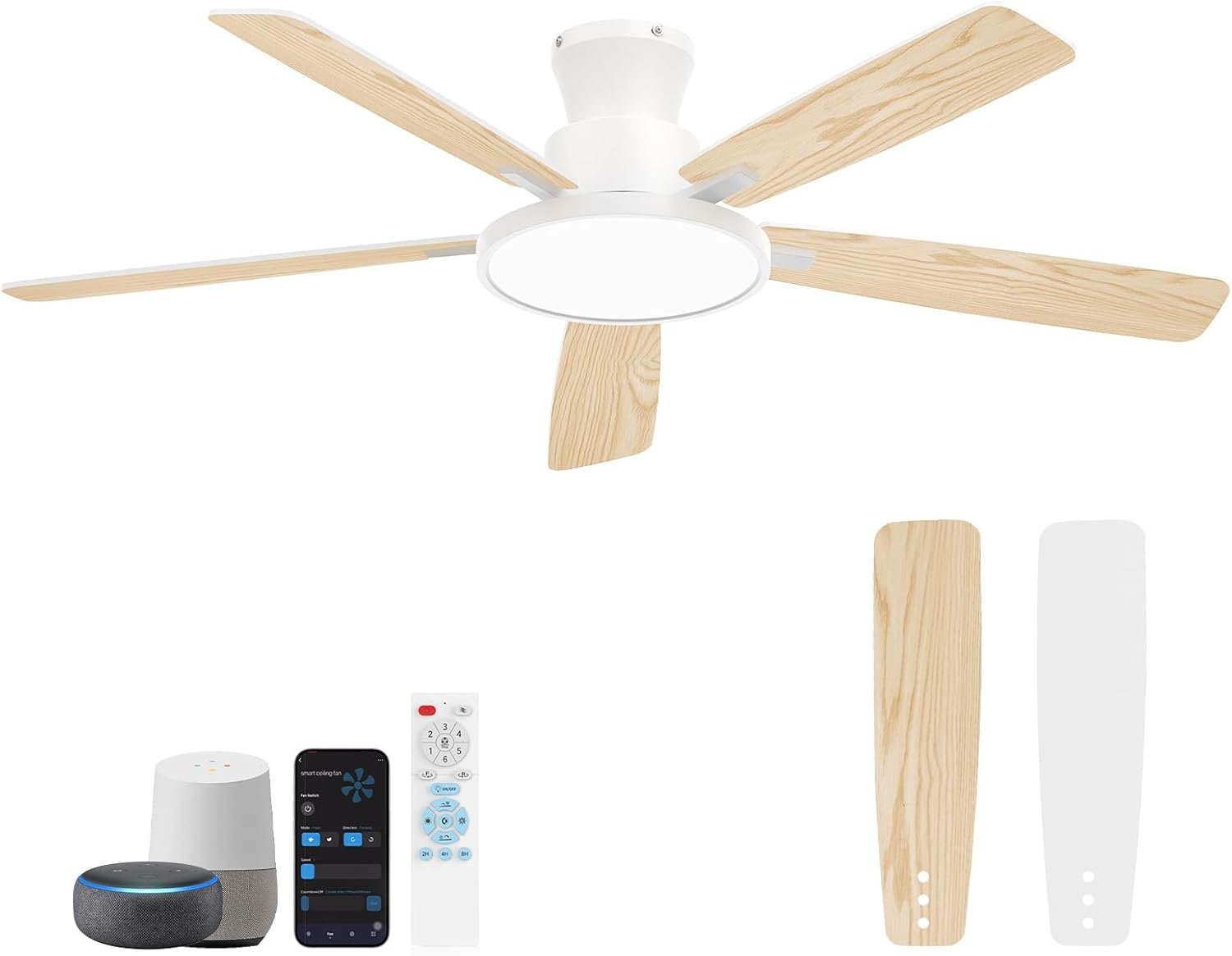 Ceiling Fans With Lights,52 Inch Smart Ceiling Fan, Remote/App Control, Compatible with Alexa/Google Assistant,Reversible,Dimmable,Adjustable Color Temperature,6 Speeds,Timer(White)