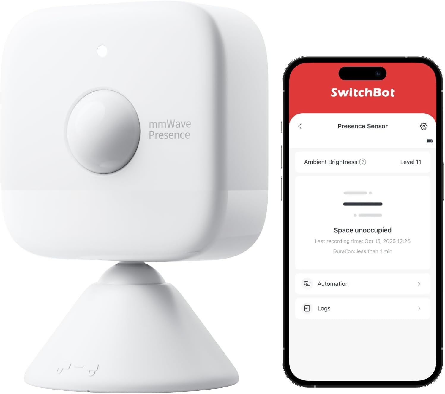 SwitchBot Smart mmWave Radar Motion Sensor, Bluetooth Presence Sensor with Dynamic Detection & Zone Positioning, Compatible with Alexa, HomeKit & Apple Home via SwitchBot Hub, 2-Year Battery Life