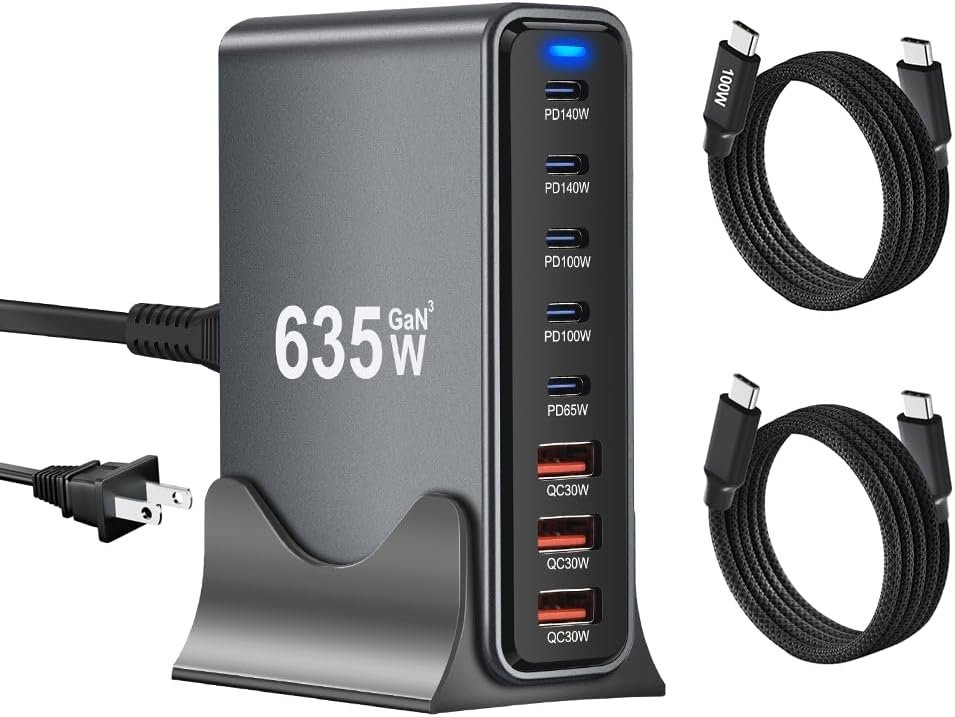 635W GaN Super Fast Charging Station,8 Port USB C Charger Block for iPhone,iPad,MacBook Air Pro,Tablets,Android Phone,Multiple Port PD QC3.0 USB Type C Fast Charging Adapter Desktop Dock