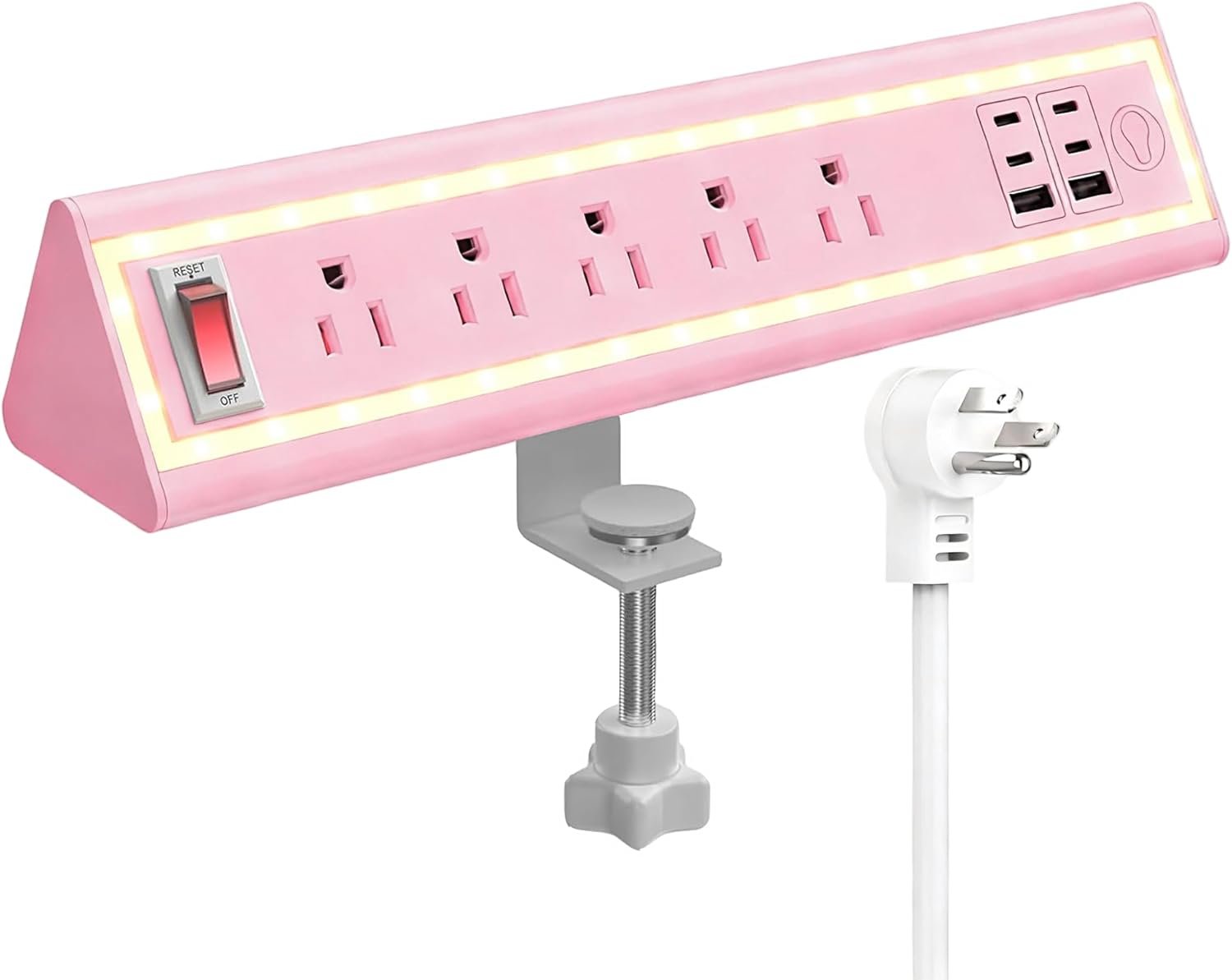 NYYTGE Desk Clamp Power Strip with Nightlight, 40W Fast Charging, 6FT Extension Cord, 4x20W USB-C & 2 USB Ports, 5 AC Outlets, Fits 1.69-Inch Table Edges