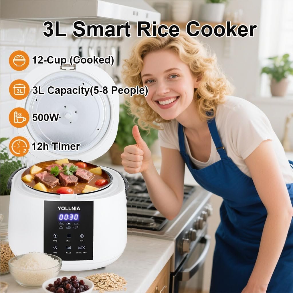 3L Rice Cooker 12 cups (Cooked), Mini Digital Rice Cooker,6 in 1 Multicooker for Grain, Preset and Reheat Options, 12-Hr Delay Timer, Auto Keep Warm, Non-Stick Inner Pot with Steaming Basket