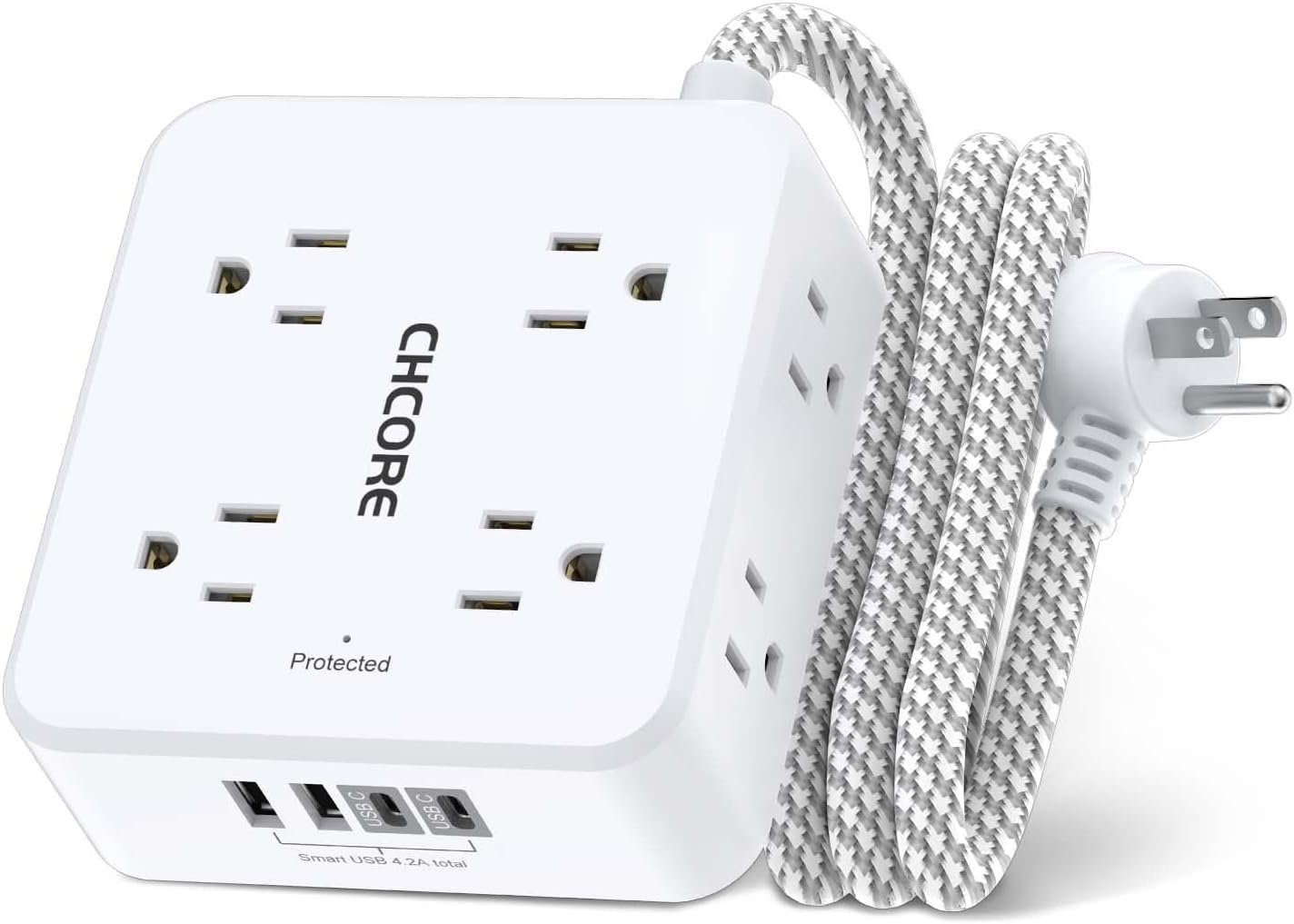 Surge Protector Power Strip – CHCORE 5Ft Braided Extension Cord with 8 Outlets with 4 USB (2 USB C) Charging Ports, Flat Plug Multi Plug Outlet Extender Charging Station for Home Office, ETL, White