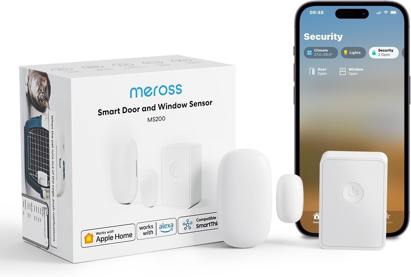 meross Smart WiFi Door & Window Sensor Kit, Support Apple HomeKit, Alexa, Google, SmartThings for Burglar Alert, 328ft Range, Home Automation, Security & Kid Safety, 2.4GHz WiFi, Meross Hub Included