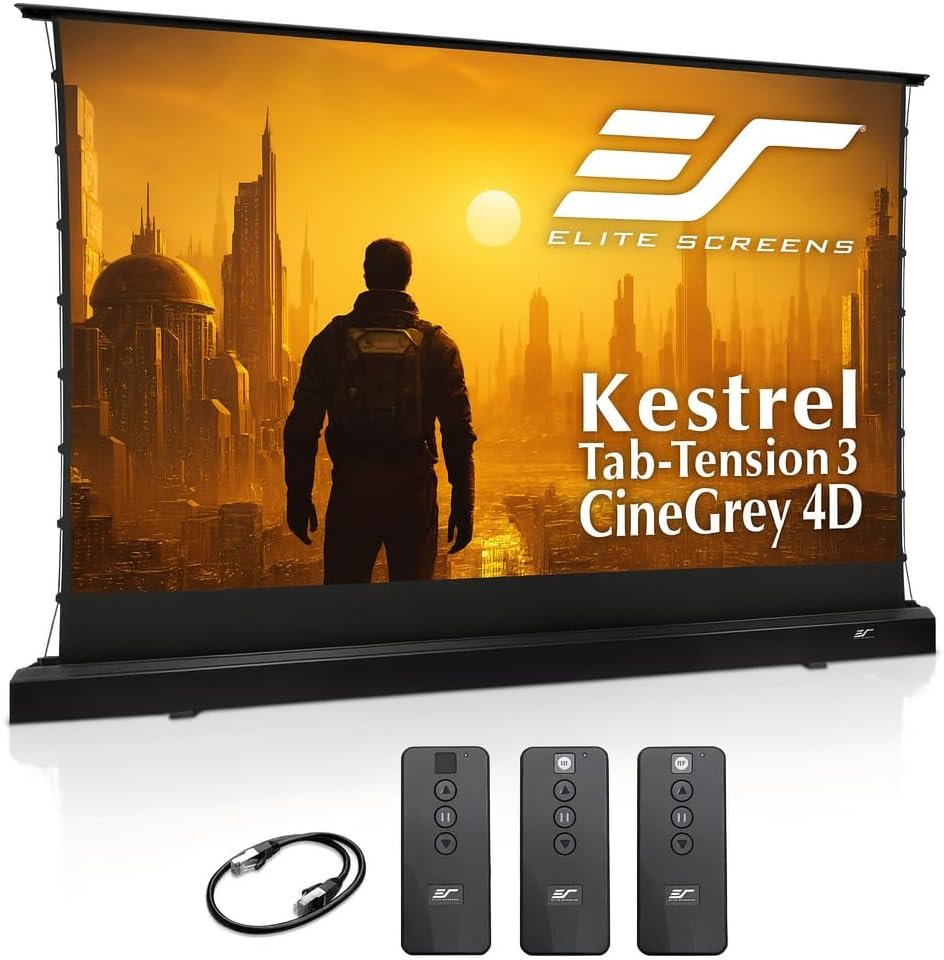 Elite Screens Kestrel Tab-Tension 3 CineGrey 4D, 150 inch 16:9, Standard Throw ISF Ceiling Ambient Light Rejecting (CLR/ALR) Electric Floor-Rising Projector Screen, Programmed Remote Kit, FTE150H3-C4D