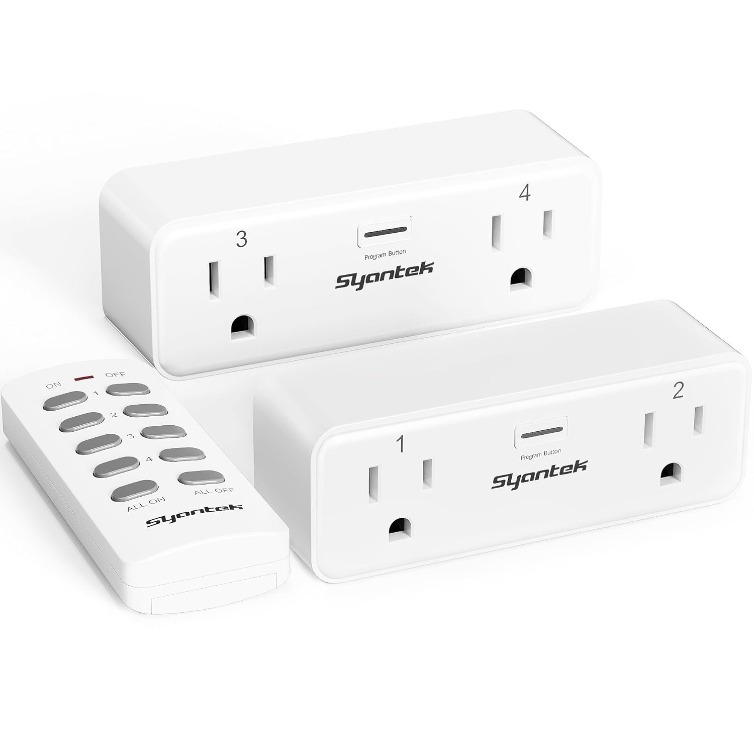 Syantek Remote Control Outlet with 2 Independent Control Sockets, Wireless Remote Light Switch Set, Remote Outlet Plug Up to 100 FT Range, FCC Certified, 15A/1875W, White (2 Outlets + 1 Remote)