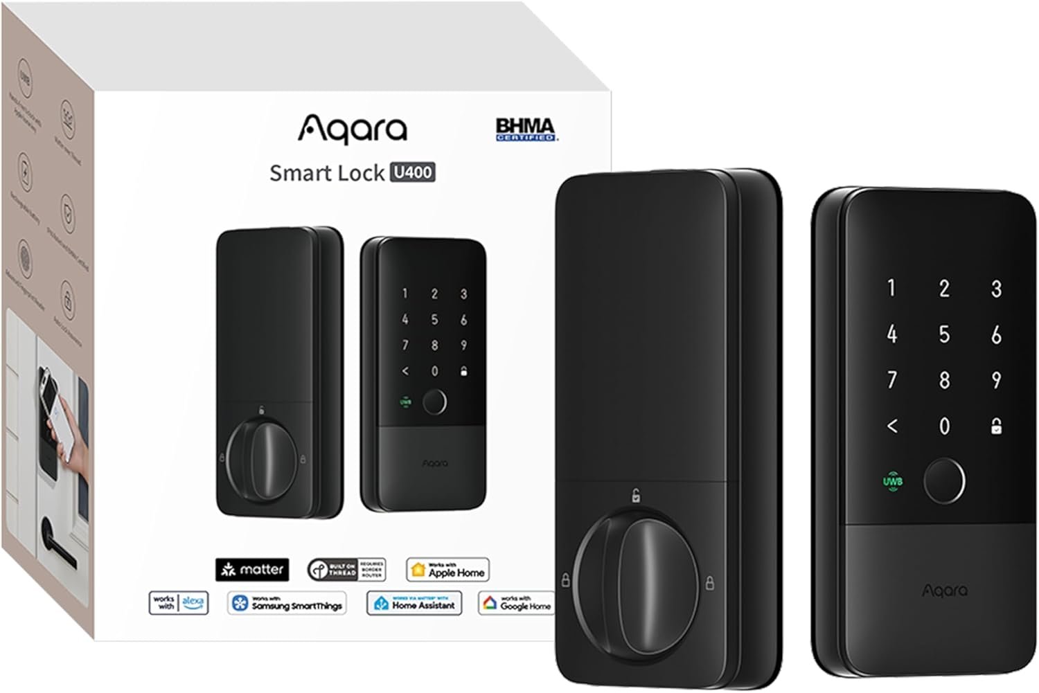 Aqara UWB Smart Lock U400, Matter Over Thread, Apple Home Key, Fingerprint Keyless Entry Deadbolt,Touchscreen Keypad, Rechargeable Battery, Supports HomeKit, Alexa, Google, Home Assistant, Black