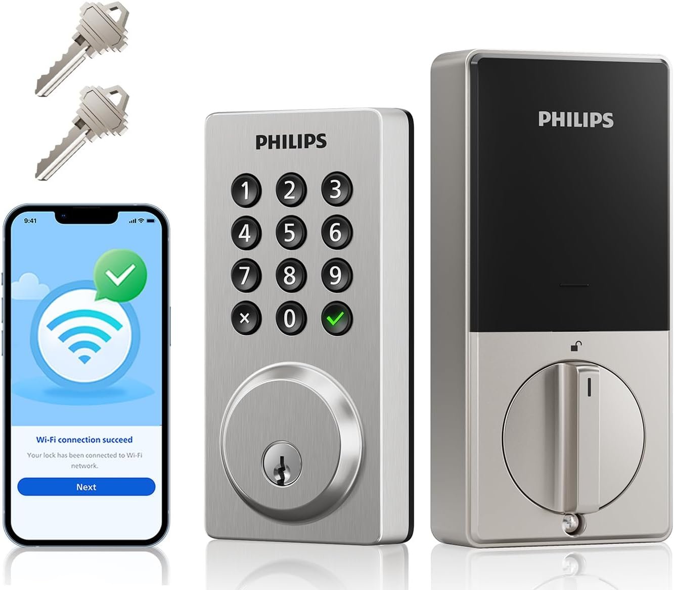 Philips WiFi Smart Keypad Deadbolt Lock, App Remote Control, No Hub Required, Support Alexa & Google Assistant, Keyless Entry Door Lock with Auto Lock, Digital Smart Locks for Front Door, Satin Nickel