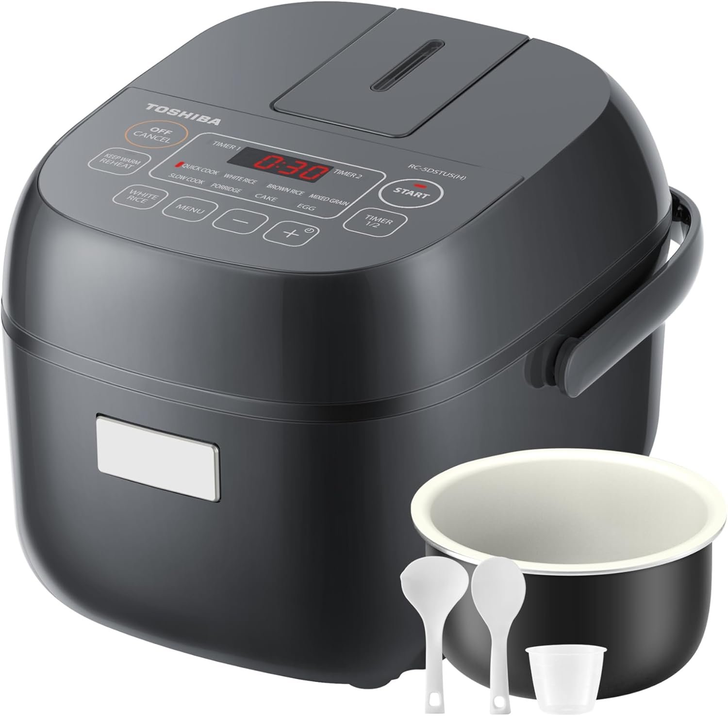 TOSHIBA Rice Cooker Small 3-Cup Uncooked– LCD Display with 8 Cooking Functions: Rice, Oatmeal, Mixed Grains and More, NonStick Inner Pot, Grey