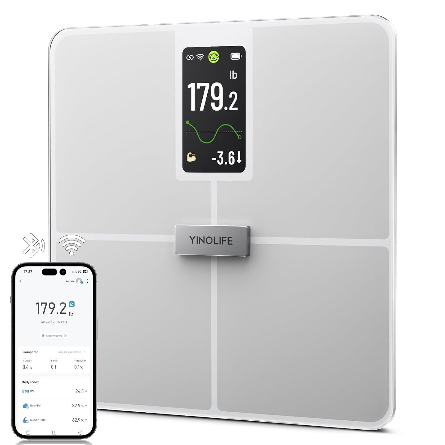 Smart Scale for Body Weight, BMI, Body Fat, Muscle Mass, Digital Bathroom Weight Scale with 4.3″ Color Display, 20 Body Composition Scale, High Accurate Wi-Fi & Bluetooth Scale 400 lbs, 11.8″