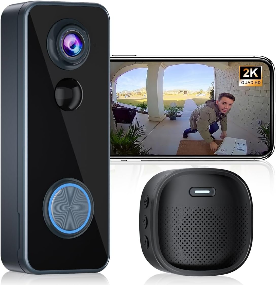 Doorbell Camera Wireless, Head-to-Toe Video – No Subscription Required,2K HD Live View, Two-Way Talk,Smart Video Doorbell with Chime,Battery Powered,Motion Alerts,Works with Alexa &Google(2.4G WiFi)