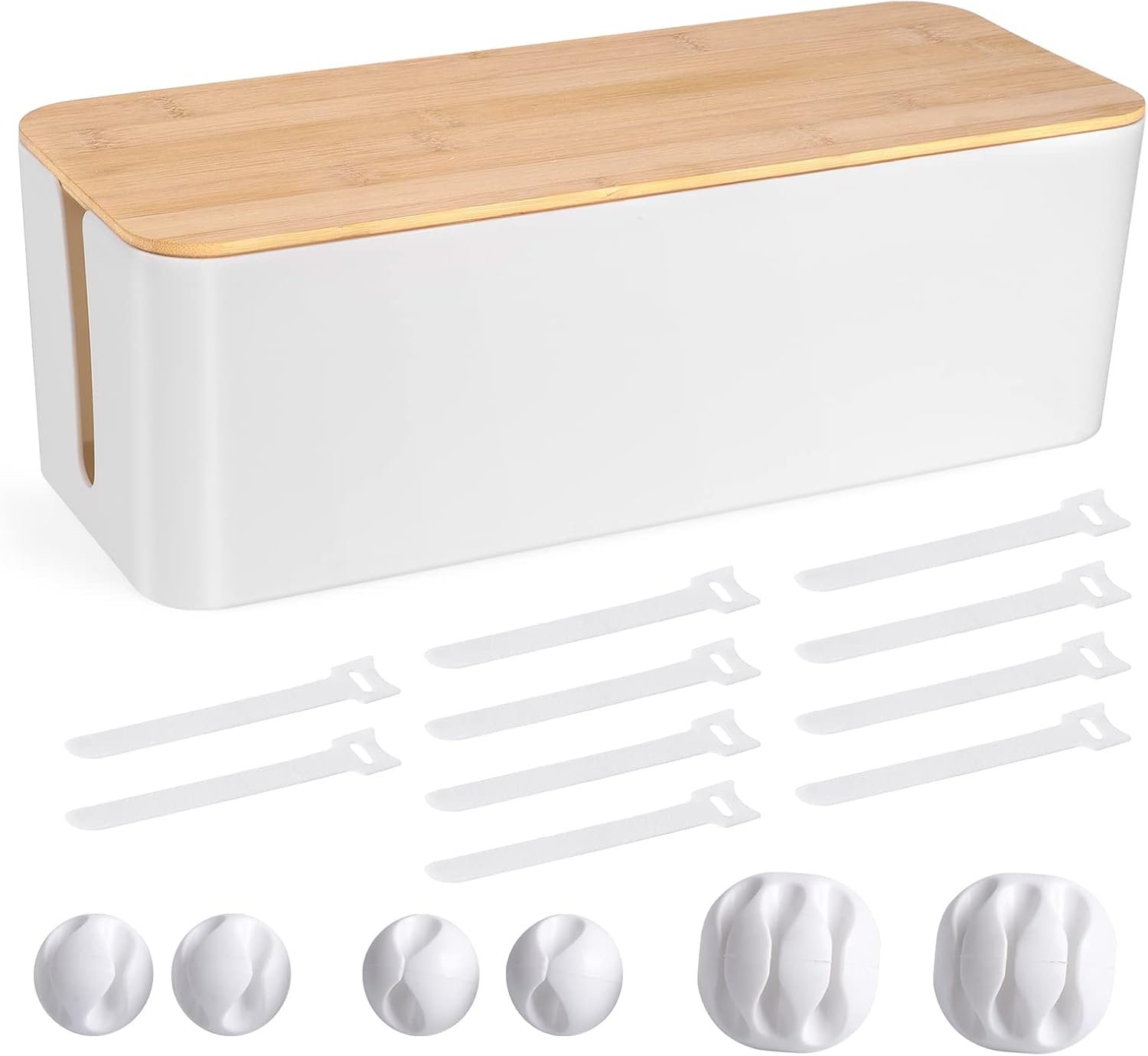 Cable Management Box – Wooden Style Large Cord Organizer Box to Hide Wires & Power Strips | Desk Computer Cable Organizer Box | Safe ABS Material |16″ (L) x 6.2″ (W) 5.3″ (H)|for Home & Office – White