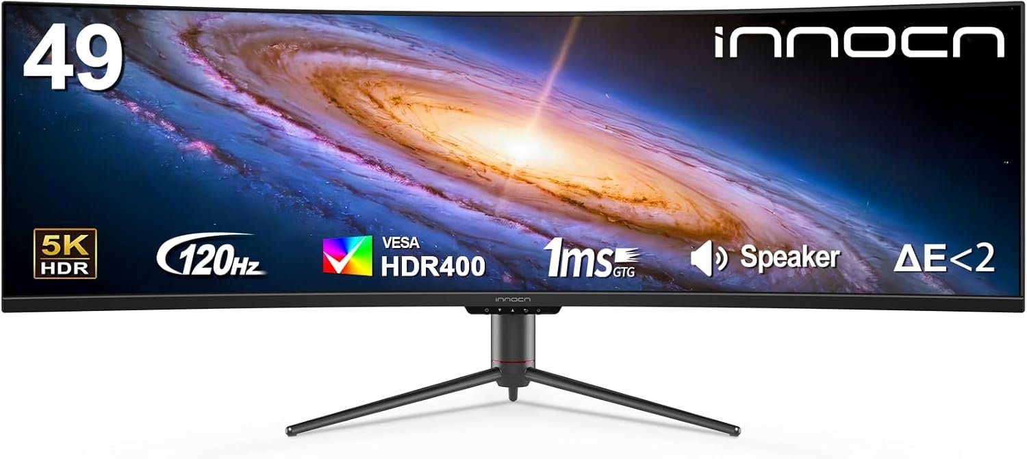 INNOCN 49″ Curved Monitor Ultrawide Gaming 5K2K 120Hz 32:9 QHD 5120 x 1440P Computer Monitor, R1800, 99% sRGB, HDR400, USB Type C, DisplayPort, HDMI, Built-in Speakers, Height/Tilt Adjustable – 49C1R