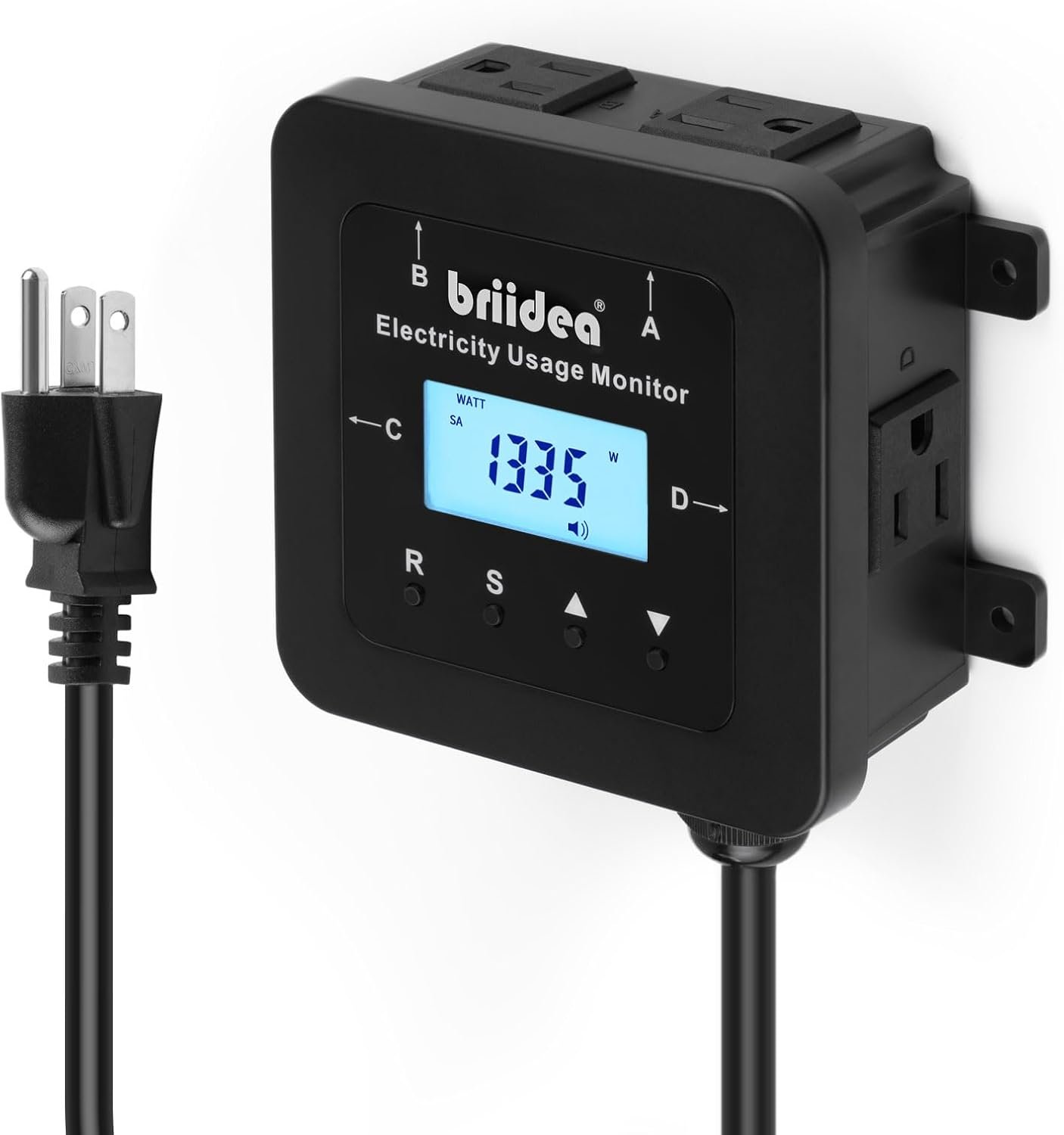 briidea Electricity Usage Monitor, 4-Outlet Power Consumption Watt Voltage Amp Meter Tester, Real-Time Energy Analyzer with Backlit LCD, Overload Alerts, Memory Function for Home Appliances