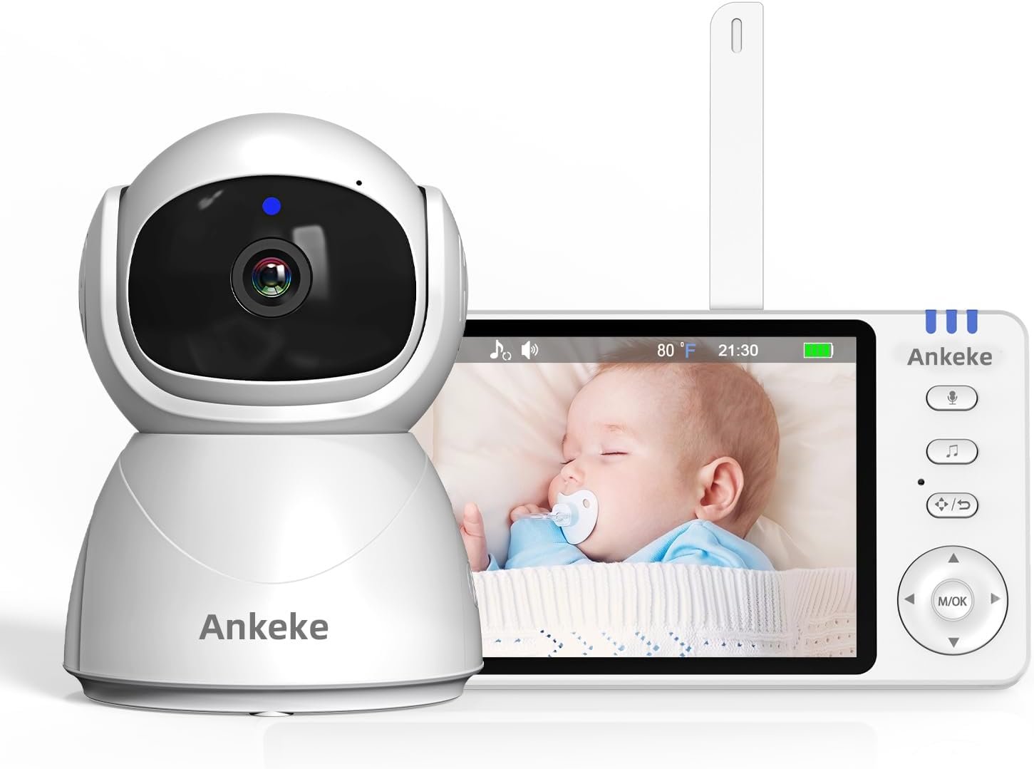 AnKeKe 720P Smart Video Baby Monitor with Camera and Audio 5.0-inch LCD Display, Two-Way Audio, Night Vision, Sound and Temperature, Feeding Alarm 8 Lullabies, 355° Rotation, 2.4G Wireless No WiFi
