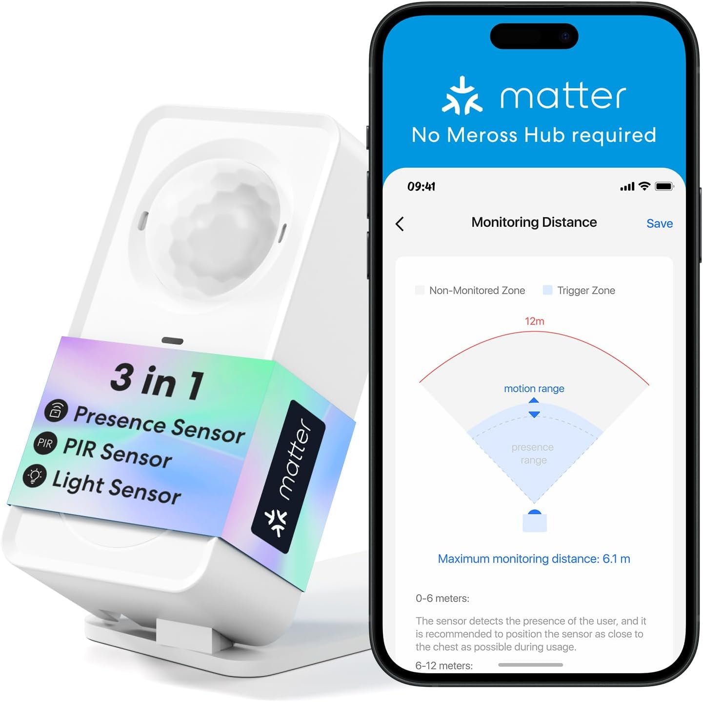 meross Matter Human Presence Sensor, 3-in-1 PIR & Light & mmWave Radar Motion Sensor, AI Motion Detector for Matter Smart Home Automation, Supports HomeKit, Alexa, Google, Home Assistant, 2.4GHz Wi-Fi