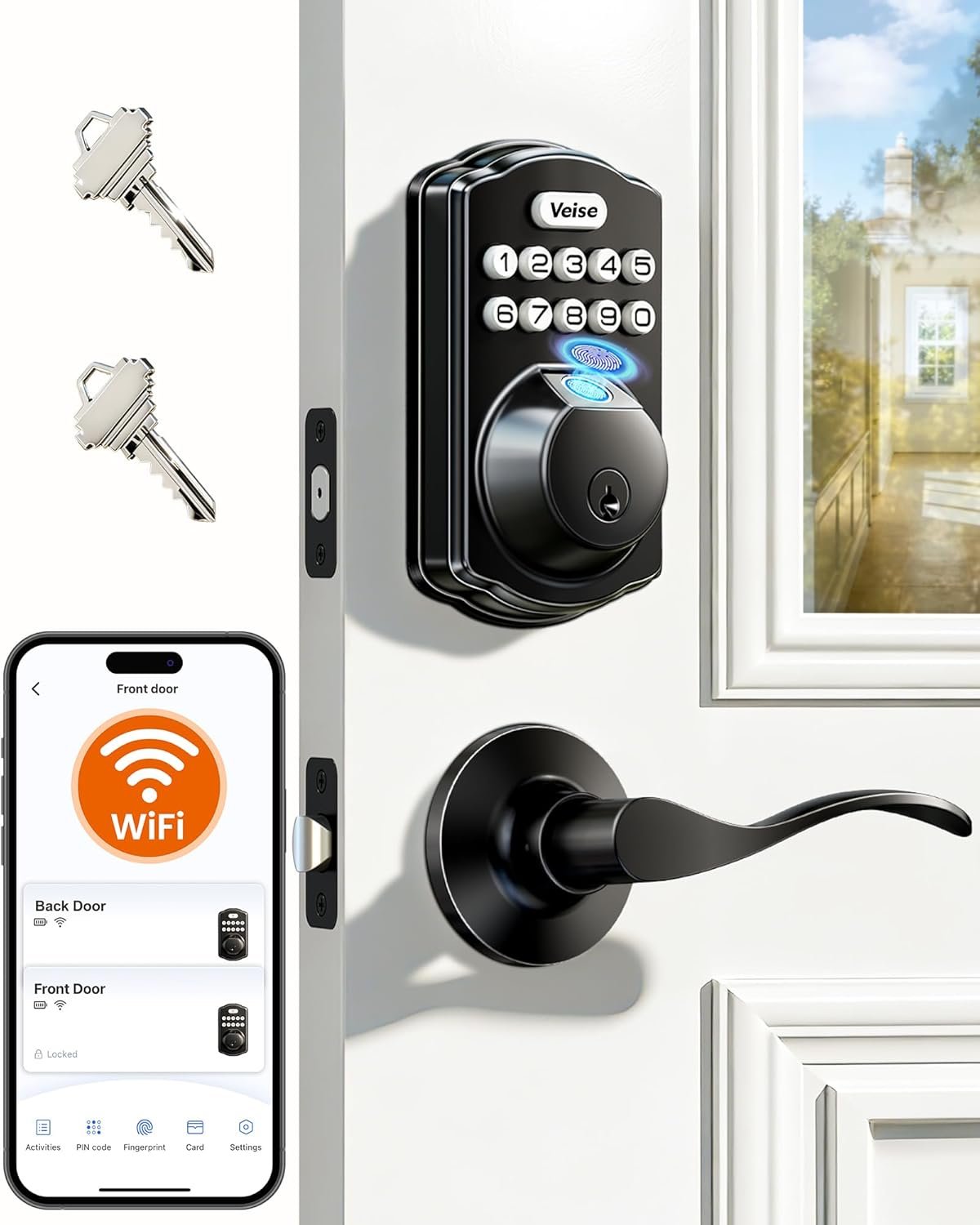 Veise VE012W-B Wi-Fi Fingerprint Smart Lock with Handle Set, Remote App Control, Keyless Entry Front Door Lever, Built-in WiFi No Hub Needed, Backlit Keypad Deadbolt, Auto-Locking, Matte Black