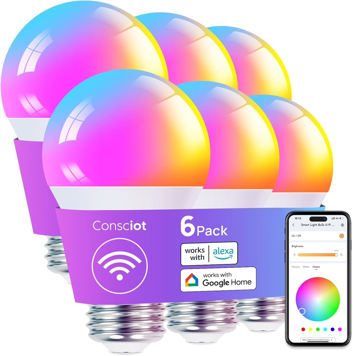 Consciot Smart Light Bulbs, LED Light Bulb That Works with Alexa & Google Home, Music Sync, RGBTW Color Changing Light Bulb, A19 E26 2.4Ghz WiFi Light Bulbs 60 watt Equivalent, 800lm Dimmable, 6 Pack