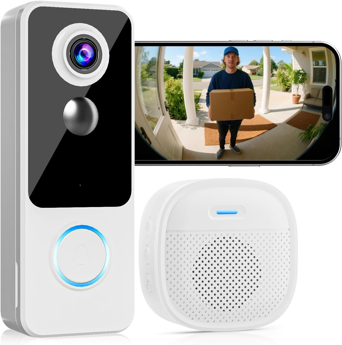 Doorbell Camera Wireless,2K FHD Head-to-Toe Video, no Subscription,Two-Way Talk, Smart Home Video Doorbell with Chime,Battery Powered,Motion Detection & Alerts,Works with Alexa & Google(2.4G WiFi)