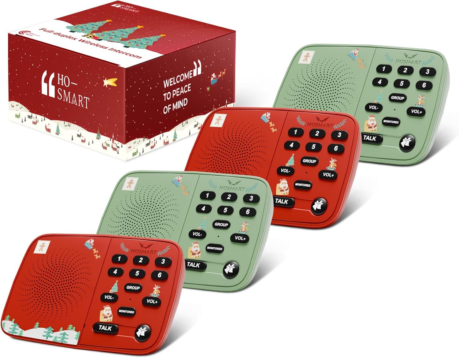 Hosmart UltraSpeak Intercoms Wireless for Home, Holiday Christmas Edition Intercom System for Home Use, Clear Sound Intercom for Business with 1300 Ft Range, Gift for Family Friend Elderly(4Packs)