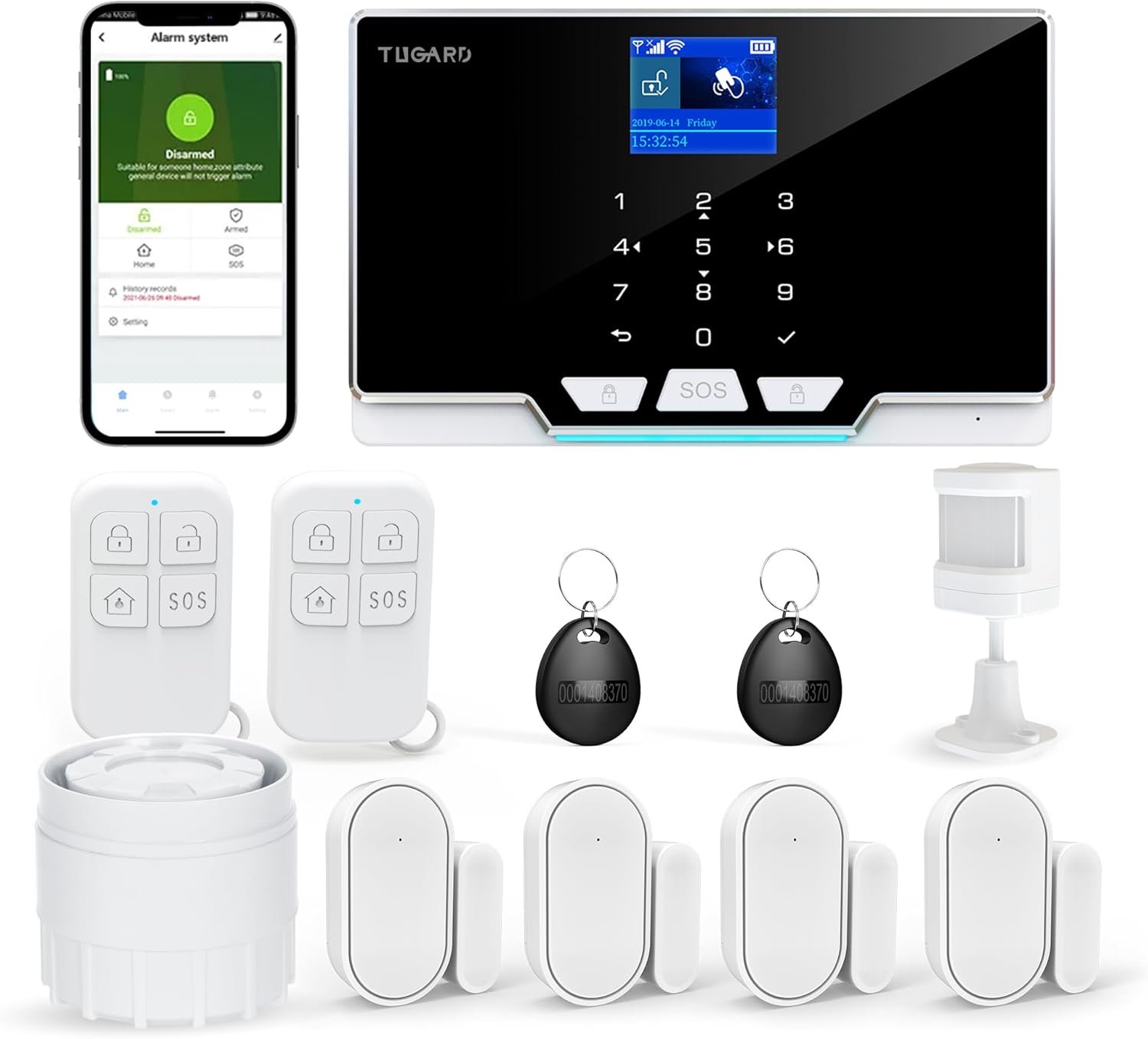 Alarm Security with Phone APP Alert,1.8″ TFT Colorful Screen Smart Home Security System 12Pieces Kits,Monitor Sensor,Remote Controls,Compatible with Alexa and Assistant for Home Apartment Villa,Black