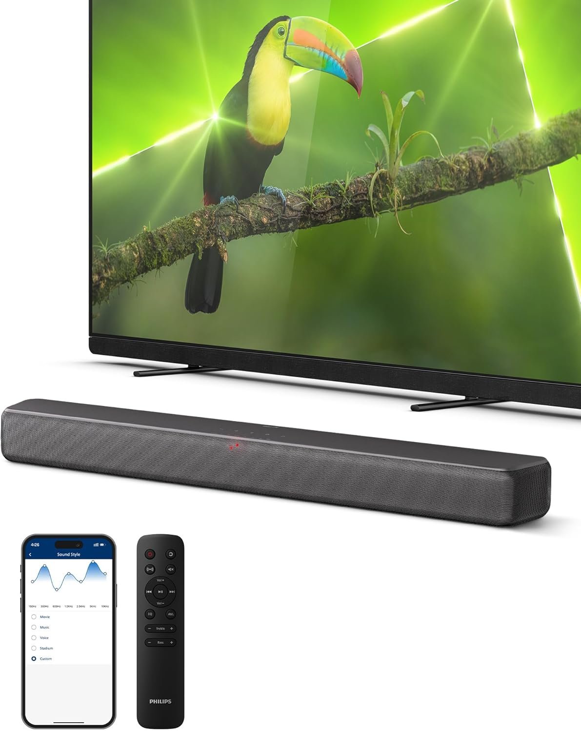 Philips B5109 SoundBar for TV, 2.0 Channel Sound, DTS Virtual:X, Dolby Digital Plus,BT LE Audio, EQ Effects,Night Mode, Easy Setup, EasyLINK, Roku TV Ready, Remote/APP Control, Darkgrey