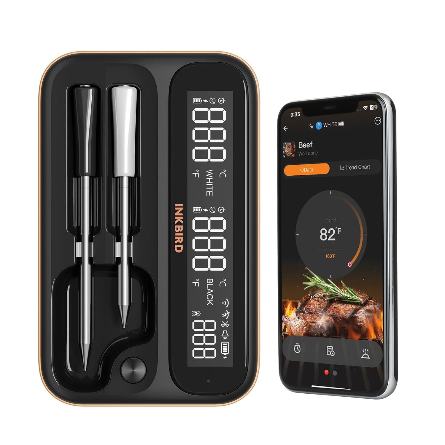5GHz & 2.4GHz WiFi Wireless Meat Thermometer, INKBIRD WiFi Smart Thermometer with 2 Size-Coded Probes and Unlimited Range,Bluetooth 5.4 Thermometer with 360° Readable LCD-Enhanced Booster