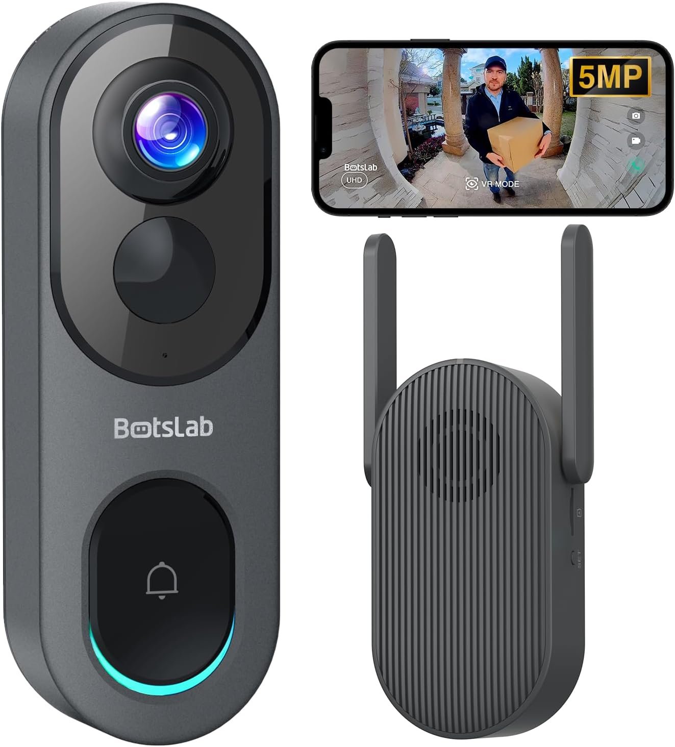 BOTSLAB 5MP Wireless Video Doorbell Camera,180° Head-to-Toe View, AI Motion Detection, VR Mode, Battery or Wired Powered, Easy Installation, Weatherproof, No Monthly Fee, 2.4GHz WiFi