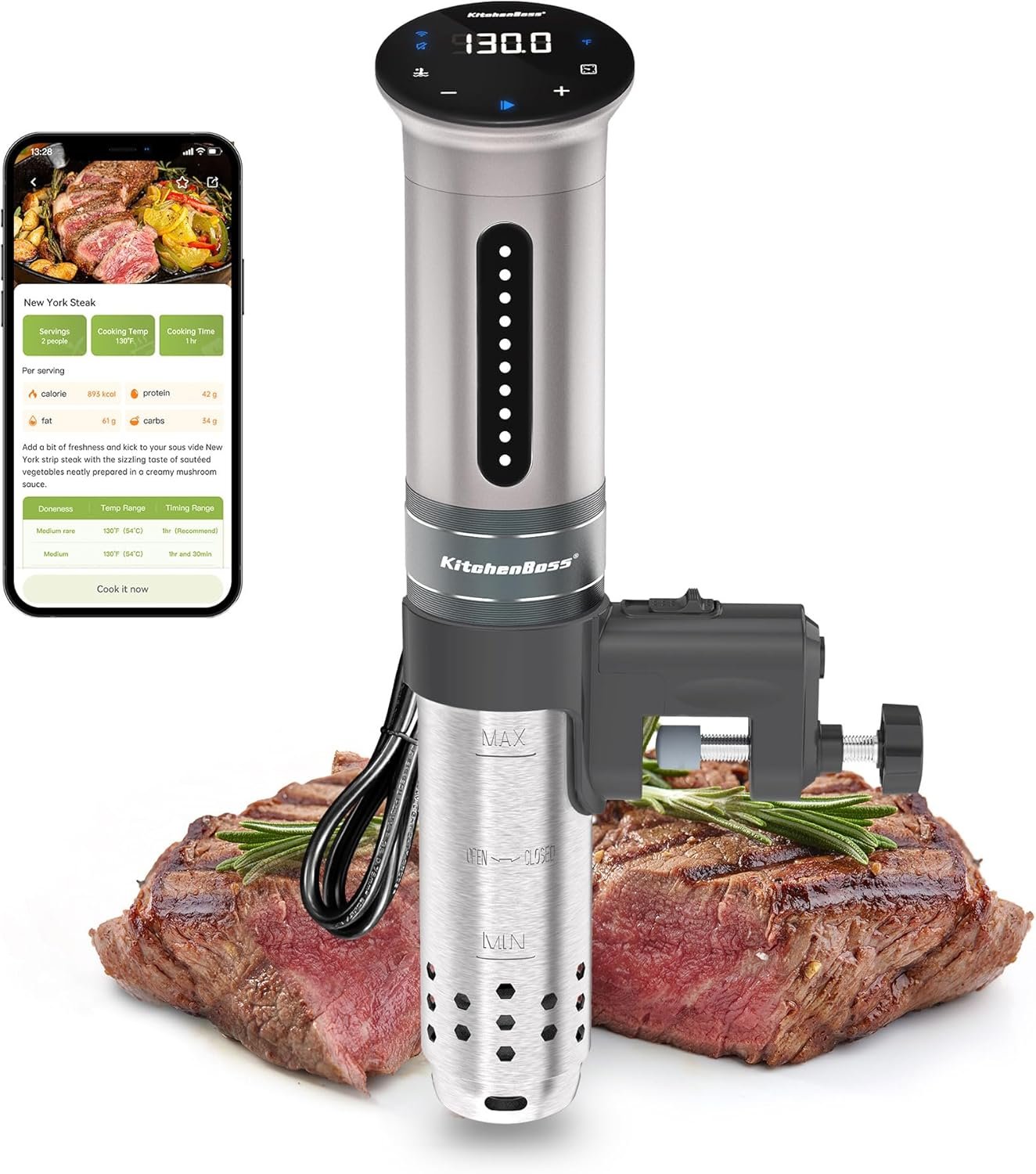 KitchenBoss Wifi Sous Vide Cooker: Ultra-quiet Sous Vide Machine Immersion Circulator APP Control 1100W, IPX7 Waterproof Sous-vide Precision Cooker Accurate Temperature Digital Display, Silver