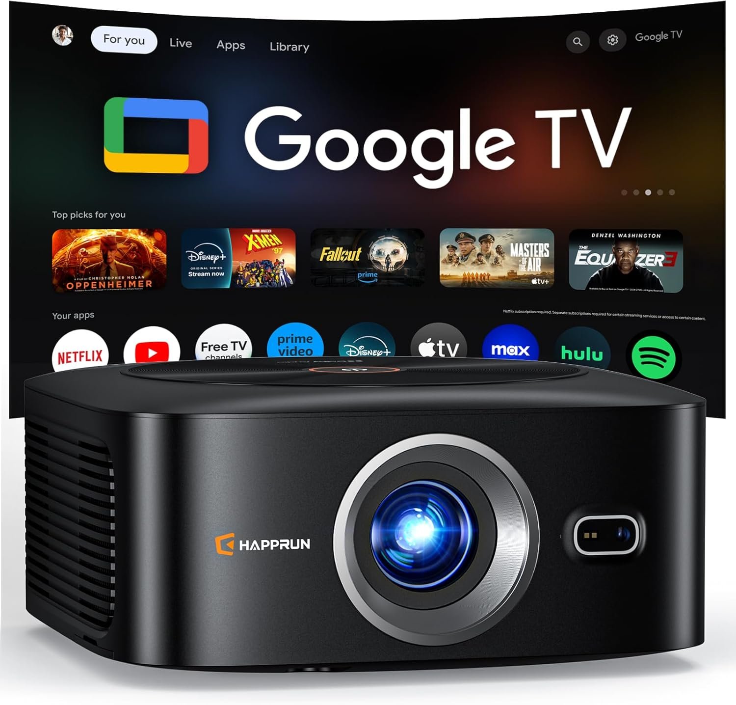 1500 ANSI Official Licensed Google TV Smart Projector, HAPPRUN 4K Full HD Home Theater with Auto Focus, Dolby Sound, Wi-Fi Bluetooth, Built-in Apps, Compatible with Phone & PC, Indoor & Outdoor Use