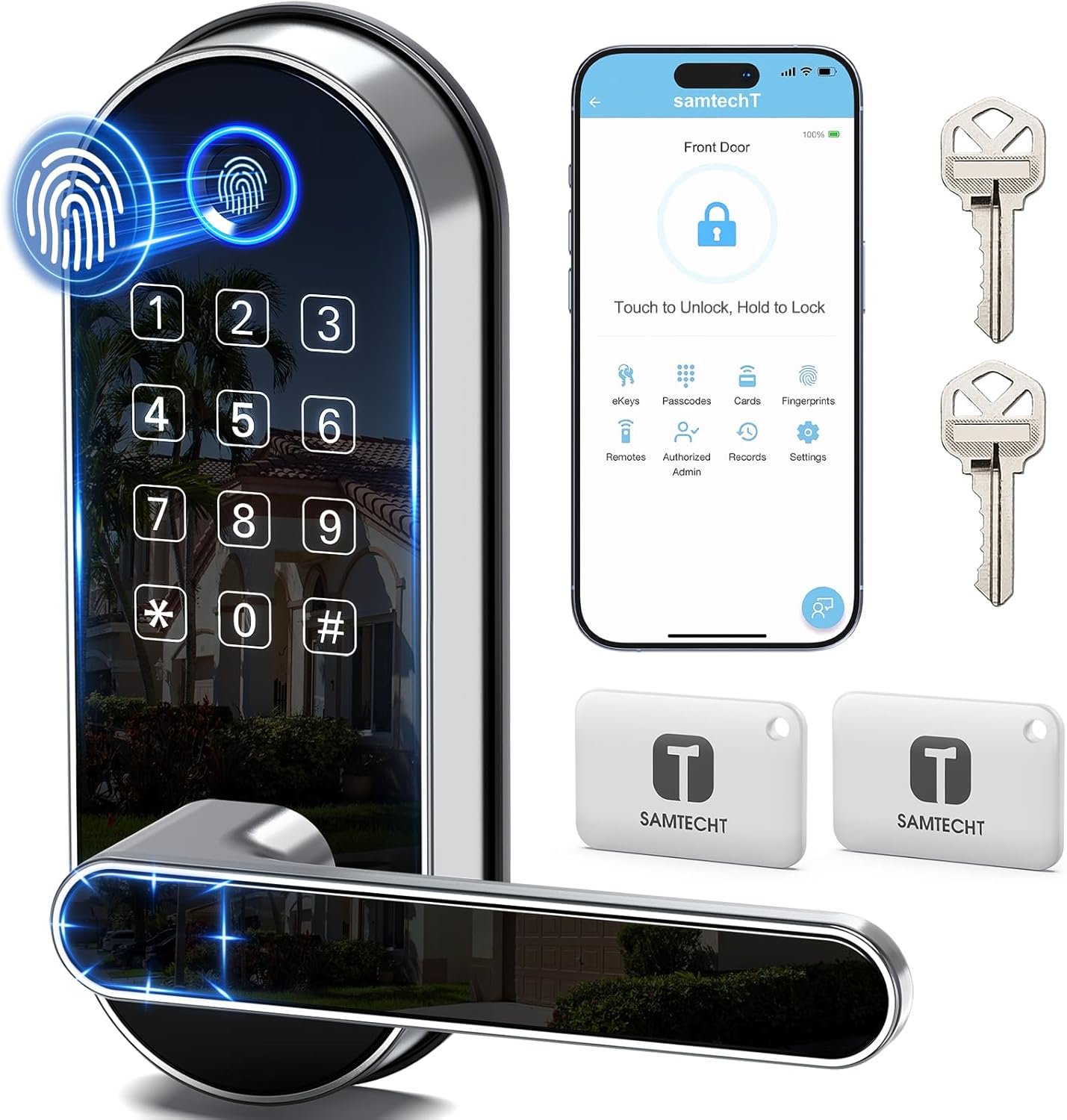Bluetooth Fingerprint Smart Lock with Handle & Keypad – Fits Most US Doors, DIY Install, Keyless Entry: Code, FOB, Auto-Lock. Ideal for Home, Airbnb, Rental, Kids, Seniors. Alexa & Google Compatible