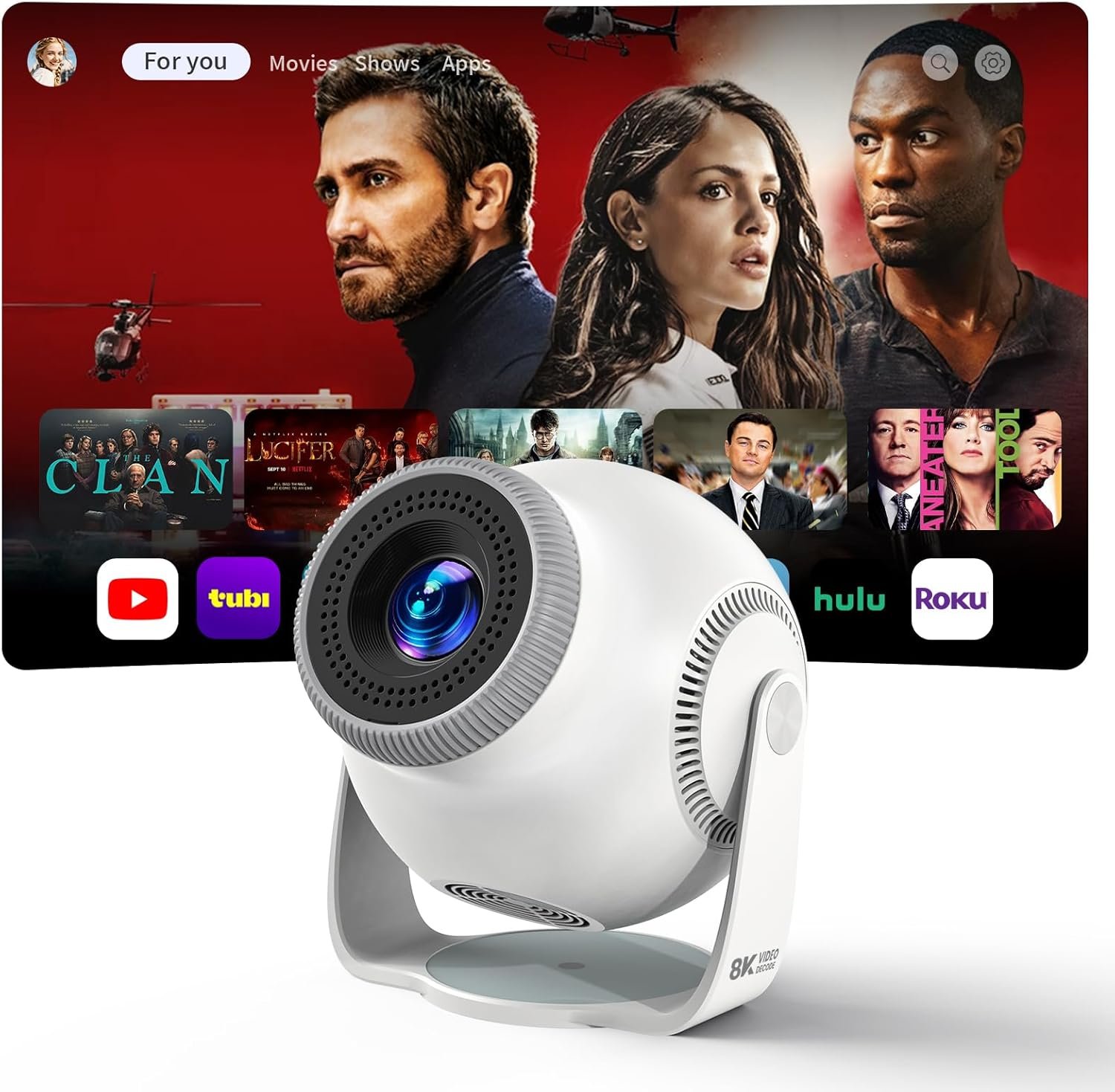 Smart Mini Projector with Android 14 OS, 1080P/4K/8K Video Decoding, WiFi 6 & Bluetooth 5.4, 270° Rotatable Stand, Auto Vertical Keystone, Portable Proyector for Bedroom & Home Entertainment