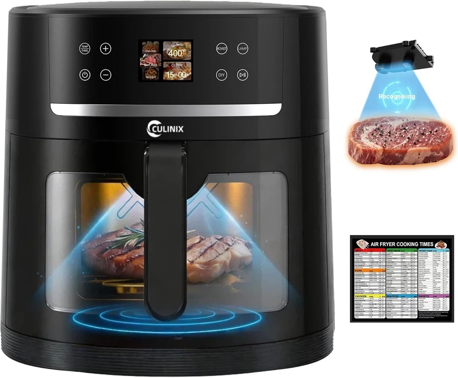 8.5QT Large Air Fryer, Smart Recognition Airfryer with Visible Window, 12 Auto Functions and DIY Mode, Shake Reminder, Nonstick, Fit for Family, Black