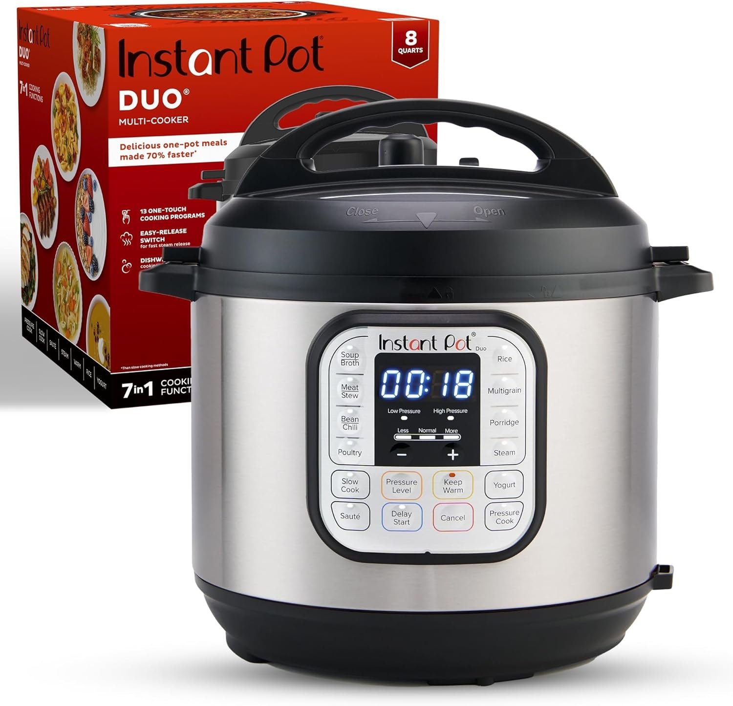 Instant Pot Duo 7-in-1 Electric Pressure Cooker, Slow Cooker, Rice Cooker, Steamer, Sauté, Yogurt Maker, Warmer & Sterilizer, Includes App with Over 800 Recipes, Stainless Steel, 8 Quart
