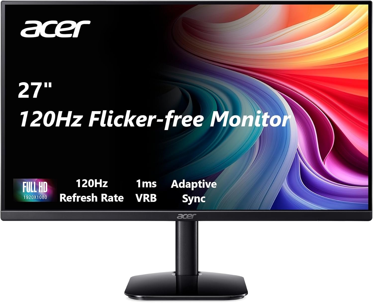 acer 27 Inch Monitor- KB272-27 Inch FHD IPS (1920 x 1080) Display, Up to 120Hz Refresh Rate, 99% sRGB, Tilt, Adaptive-Sync Support (FreeSync Compatible) 1ms (VRB), HDMI & VGA Ports