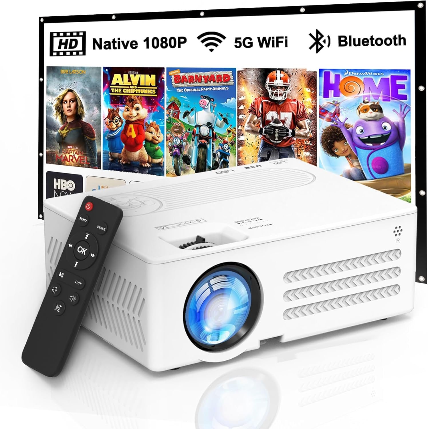 Native 1080P Projector with WiFi and Bluetooth, Full HD Portable Outdoor Movie Projector with Screen, Compatible with Smartphone, HDMI, USB, TV Stick for Home, Bedroom, Outdoor Use