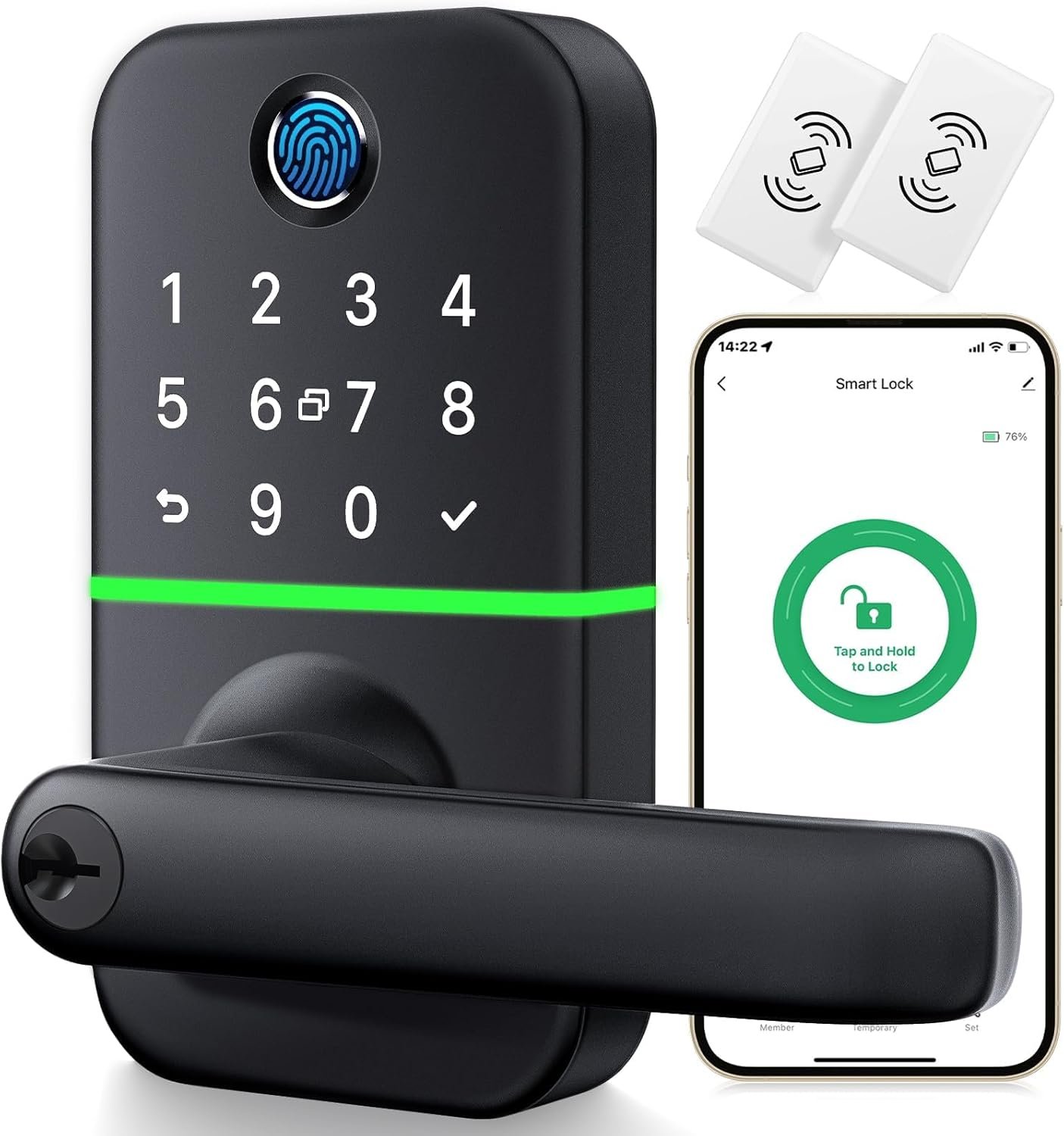 Keypad Smart Door Lock with Handle: Kucacci Keyless Entry Fingerprint Lock – Digital Code Handle with Keypad – Electronic Smart Knob for Front Door – Deadbolt Alternative with App – Easy Installation