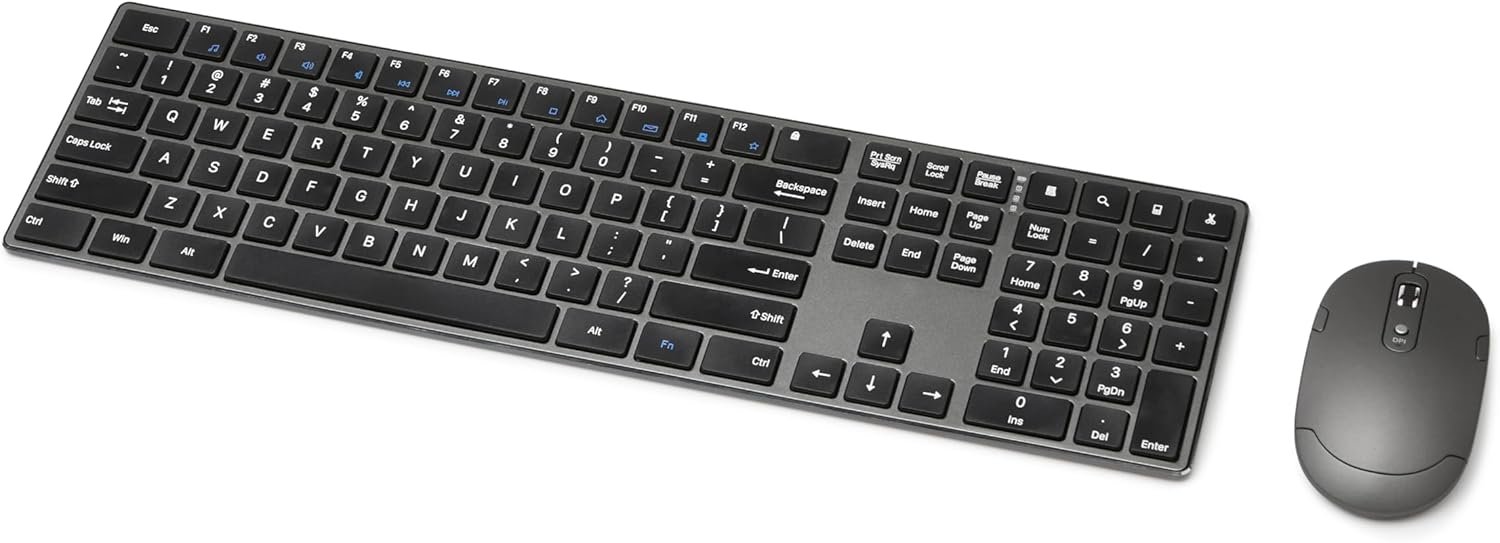 Amazon Basics Ultra Premium Wireless Keyboard and Mouse Combo – Rechargeable, Ultra Slim Design, Quiet, Full Size, Number Pad, Unifying Receiver, Black