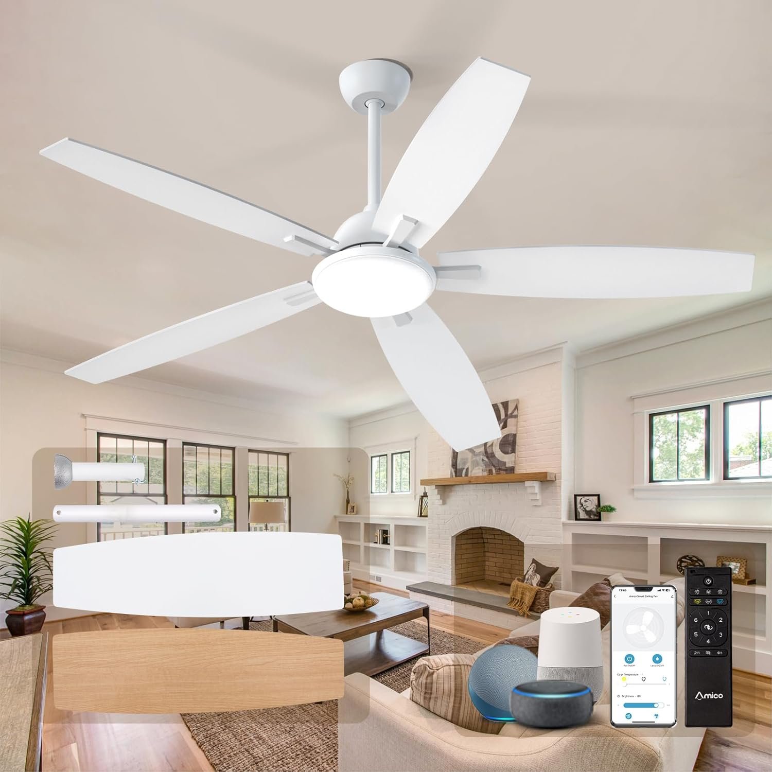 Amico Ceiling Fans with Lights, 60 inch Smart Ceiling Fan with Remote/APP/Alexa Control, Reversible DC Motor, 5 Blades, 6 Speeds, 3CCT, Dimmable, Noiseless, Wifi Ceiling Fan for Farmhouse, Bedroom