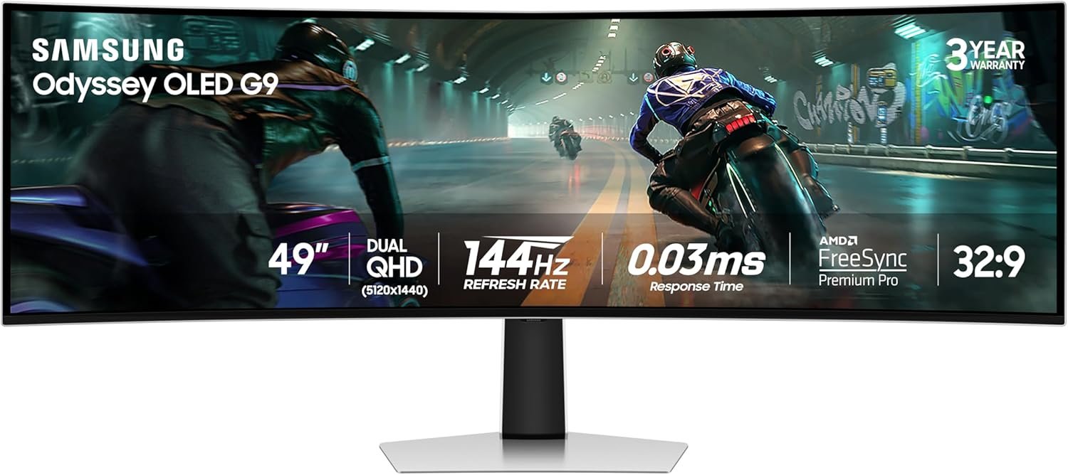Samsung 49″ Odyssey OLED G9 (G91SD) Dual QHD QD-OLED G-Sync Compatible Curved Gaming Monitor, 144Hz, 0.03ms, AMD FreeSync Premium Pro, Ergonomic Stand, 3 Year Warranty, LS49DG910SNXZA, 2024