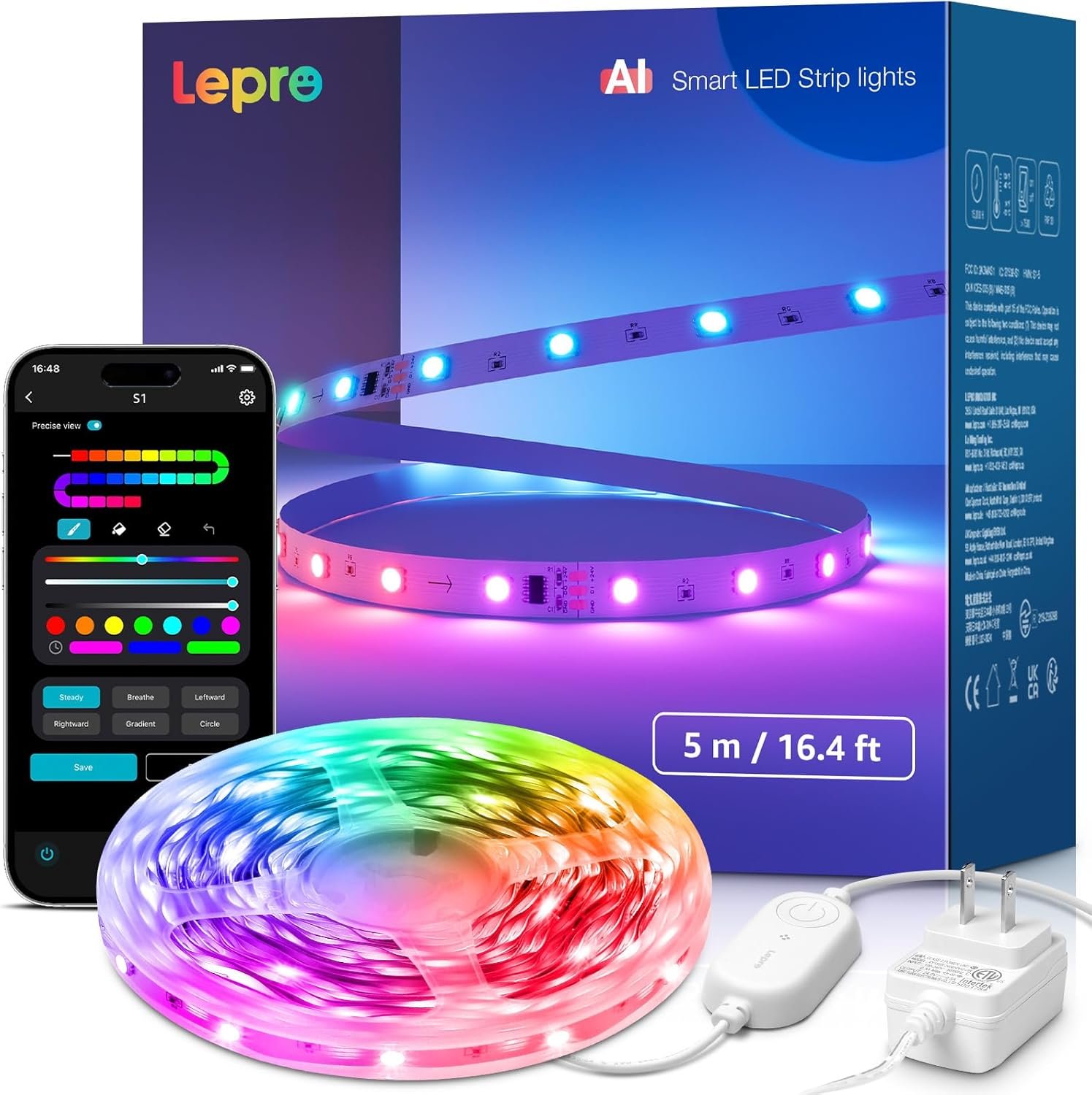 Lepro S1 AI LED Strip Lights for Bedroom – 16.4ft Smart RGB Light Strips with IC and Rainbow Chasing Effects, Color Segment DIY, Personalized Al Lighting Designer, No Remote, 2.4G Wi-Fi & Bluetooth