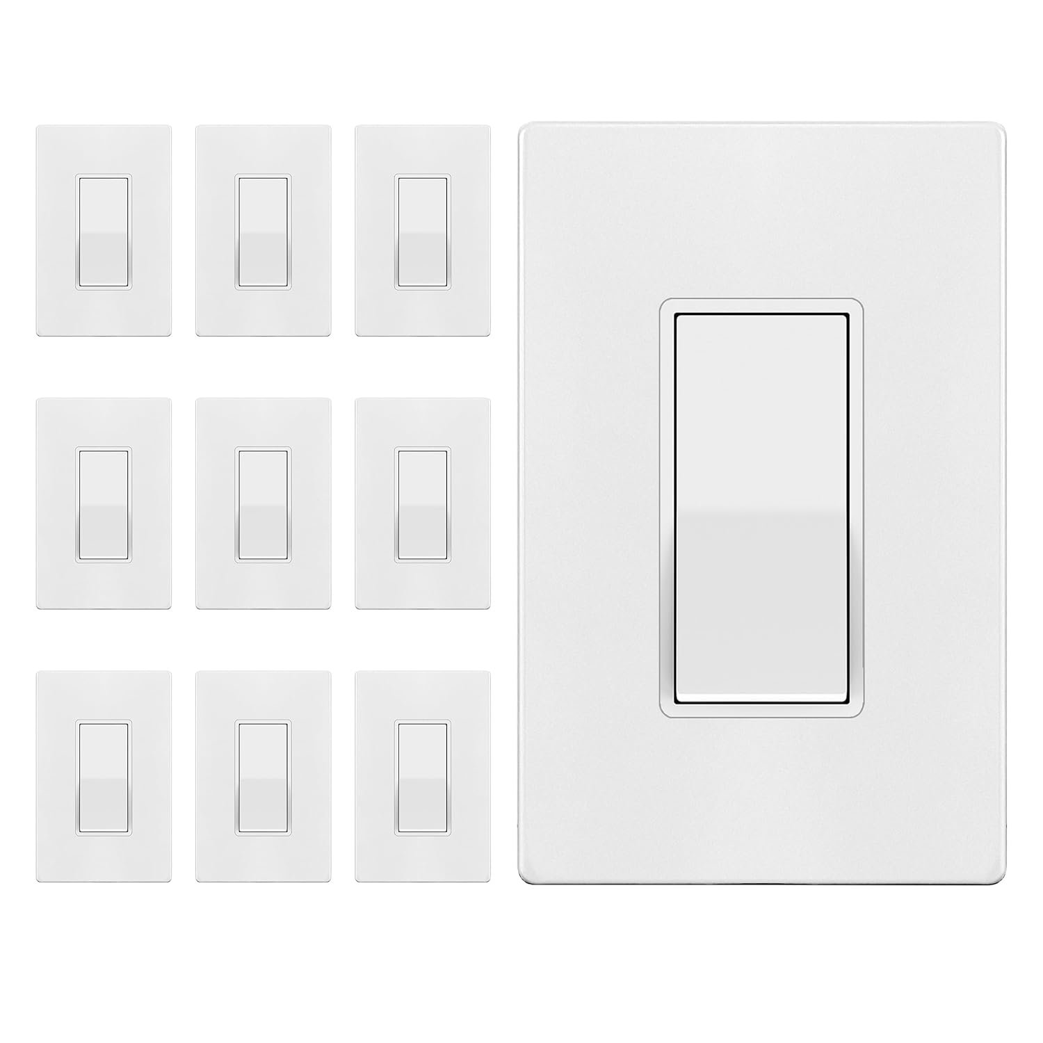 TG Matte White Light Switch with Screwless Wall Plate, Decorator Paddle Rocker Wall Switch, Single Pole, Grounding Screw, Residential Grade, 15A 120V/277V, UL Listed, LS-D115-MWSP10P (10 Pack)