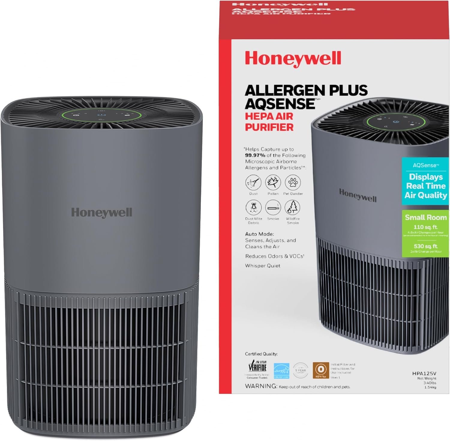 Honeywell AllergenPlus HEPA Air Purifier for Home, 530 Ft² Rooms in 1 hour, 3-in-1 Filter, Compact Design, Auto Mode, Reduces Allergens, Dust, Pollen, Smoke, Pet Dander, Odors, Grey, HPA125V