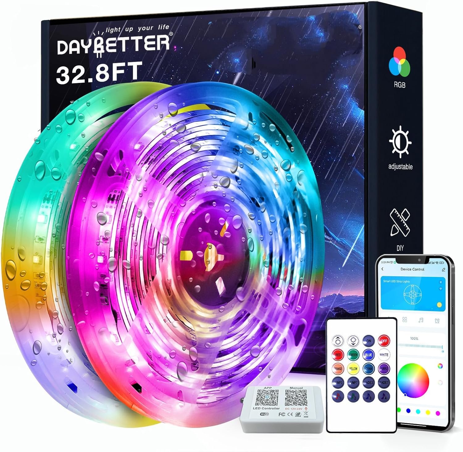 DAYBETTER Outdoor Led Strip Lights Waterproof, Smart LED Lights Work with Alexa and Google Assistant, WiFi App Control DIY Multiple Color Changing Lights Music Sync, LED Lights for Bedroom 32.8 ft