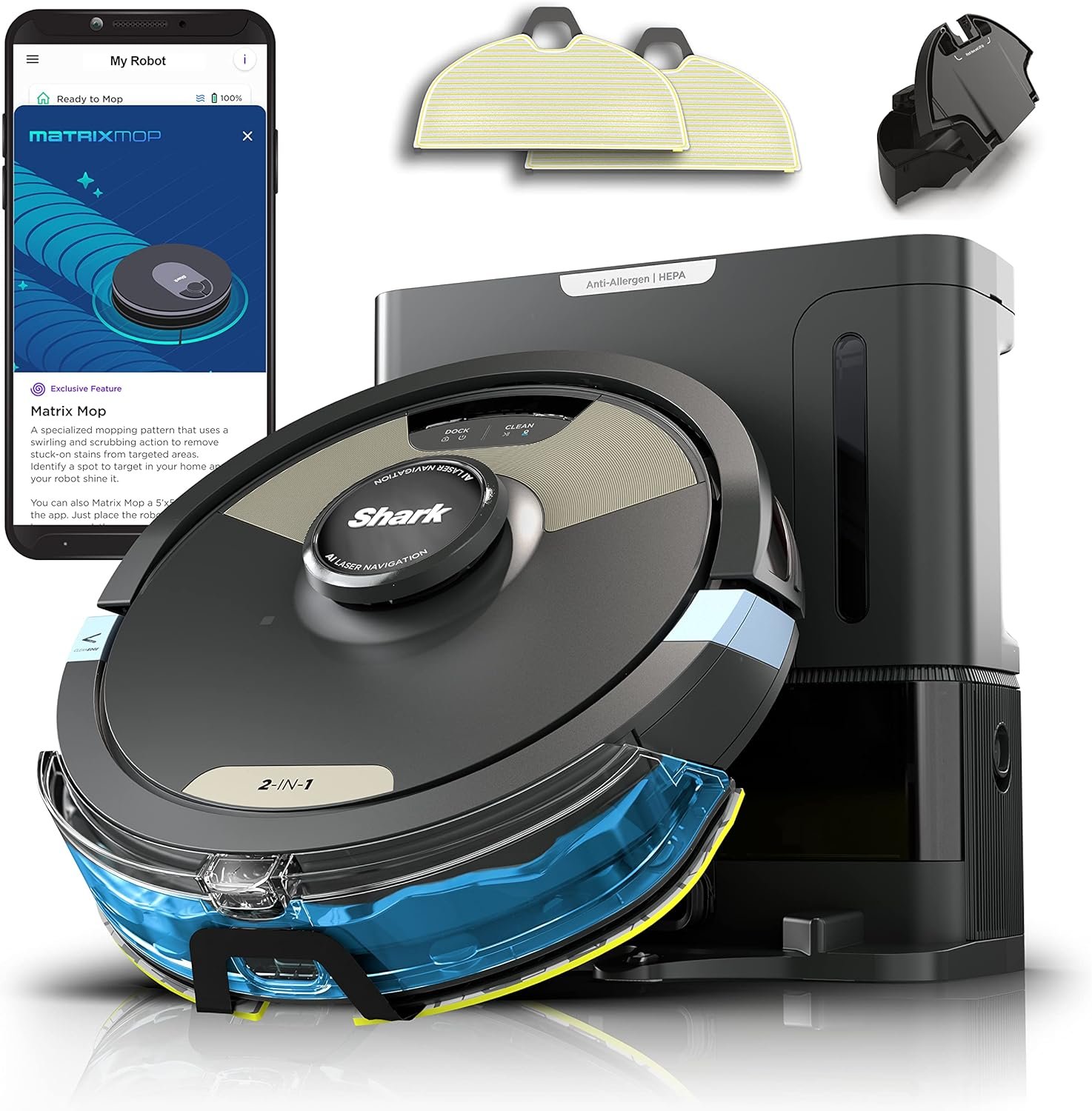 Shark Robot Vacuum & Mop Combo, Powerful Suction, Matrix Plus, 60-Day Debris Capacity, HEPA Bagless Self Empty Base, Sonic Mopping, Home Mapping for Pet Hair – Carpets & Hardfloor, AV2610WA