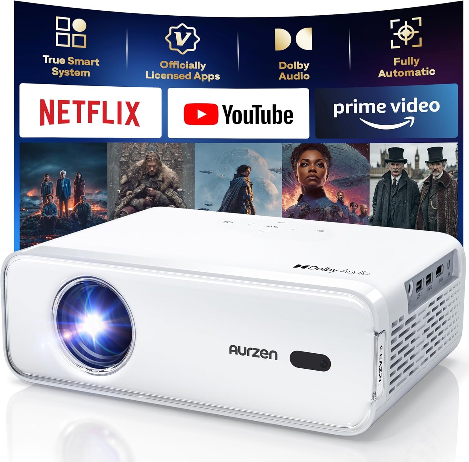 Aurzen EAZZE D1 Smart Projector with WiFi and Bluetooth, Netflix-Officially-Licensed, Auto Focus & Keystone, DoIby Audio, Native 1080P Movie, Portable Outdoor Mini Projector, White