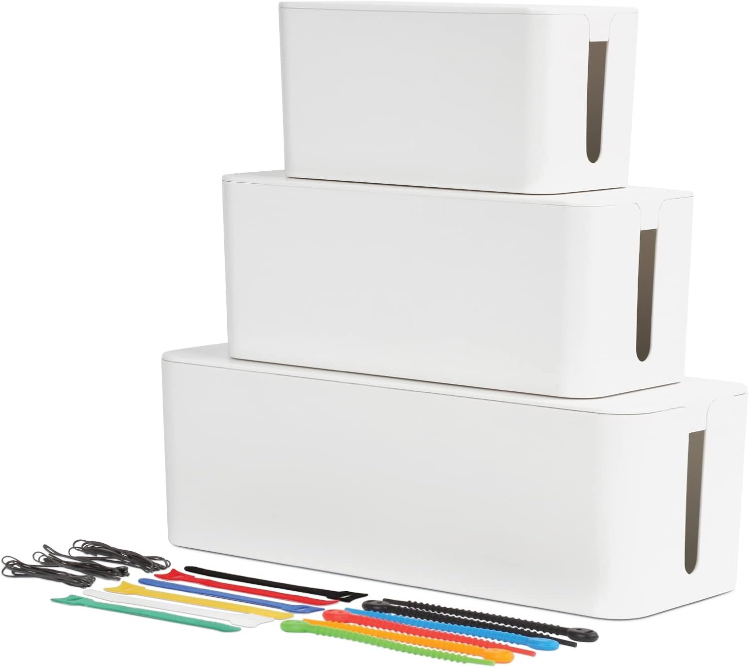 Oxford Cable Management Boxes, 3 Pack, Small, Medium, Large, 15 Cable Ties (Hook & Loop, Silicone,Twist Ties), Power Strip Organizer, White (27800)