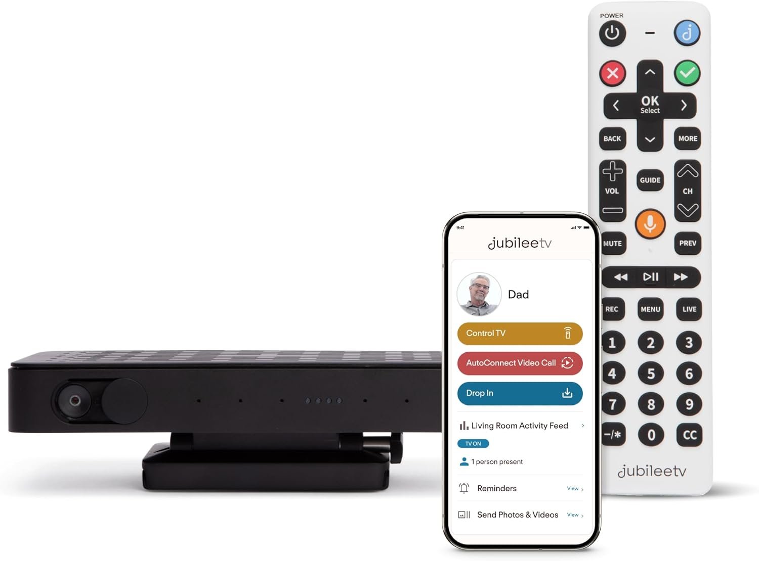 JubileeTV Remote Care System for Seniors — Stay Connected Through Their TV | Control TV Remotely from Your Phone | Video Calls, Reminders & Monitoring | Simple Setup + Voice Remote