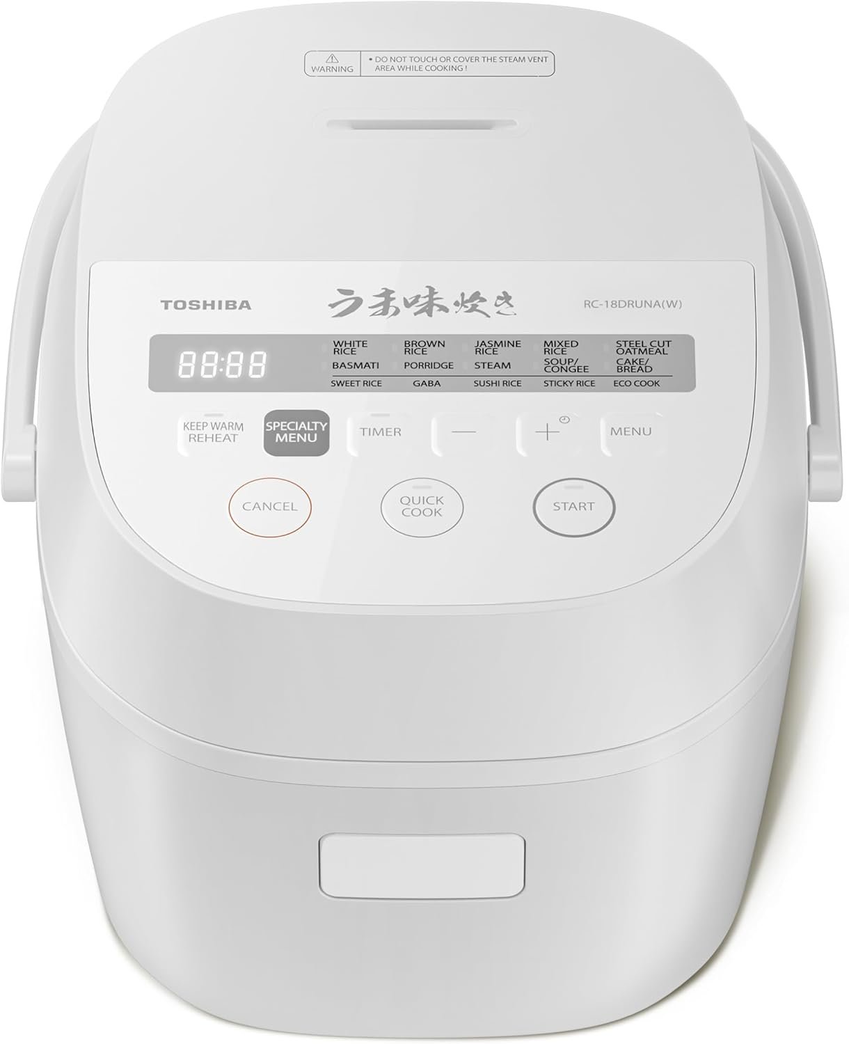 TOSHIBA OriginTaste Rice Cooker 10-Cup Uncooked, Fuzzy Logic, 15-in-1 Functions, Digital Display, Delay Timer, Keep Warm, Nonstick Inner Pot, White