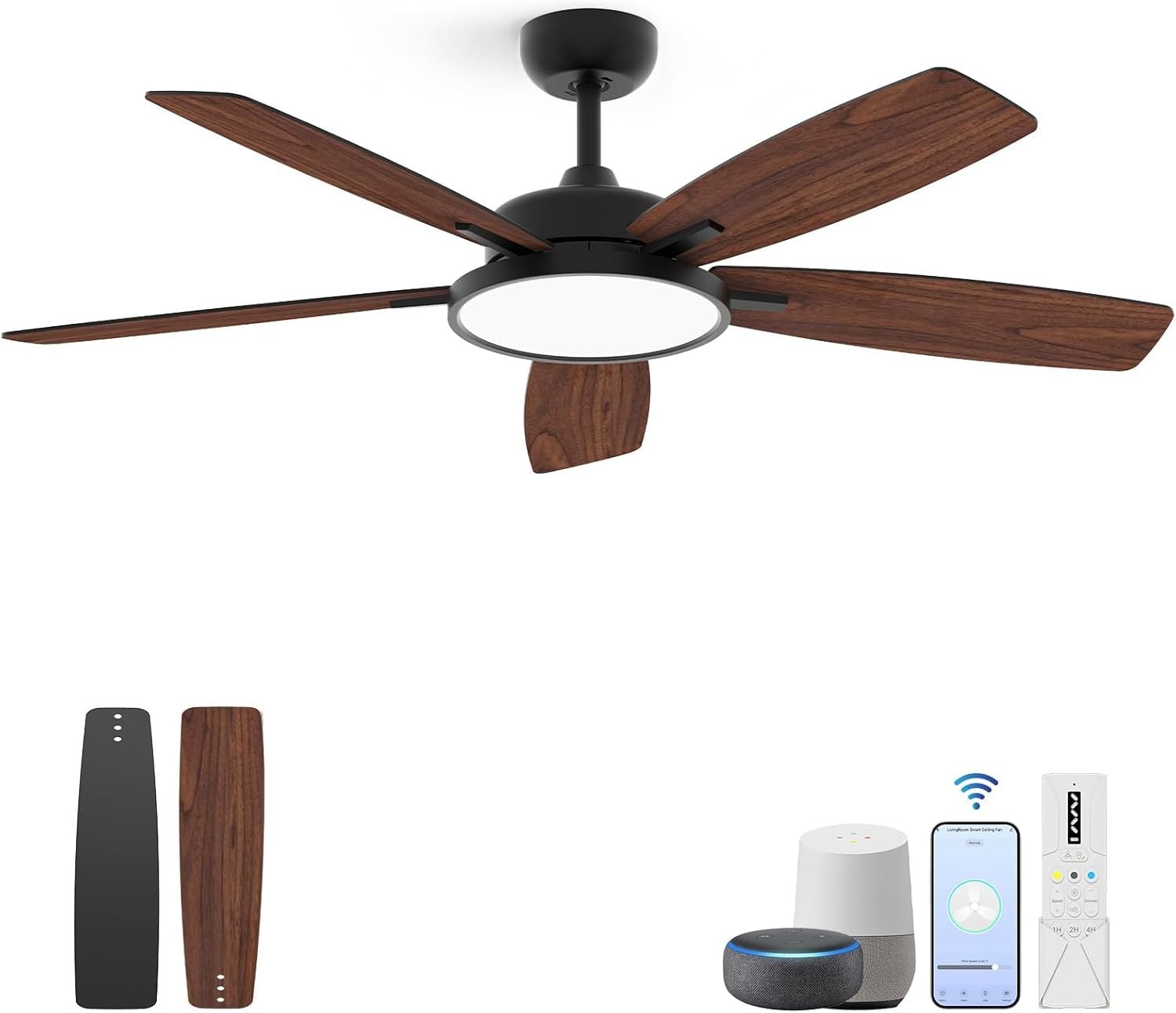 Roomratv 52 Inch Smart Ceiling Fan with Light,App Control,Ultra Silent Reversible DC Motor Fan Remote Control Compatible with Alexa Google home（black）